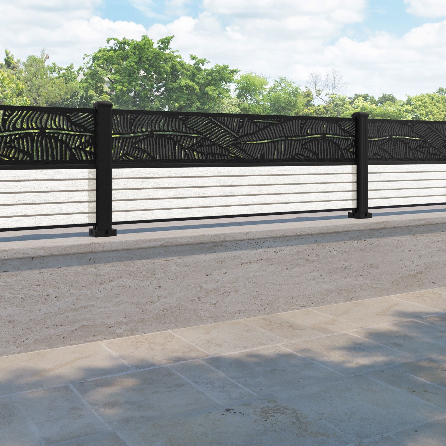 Hudson Feather Fence Panel - Light Stone - with our aluminium posts