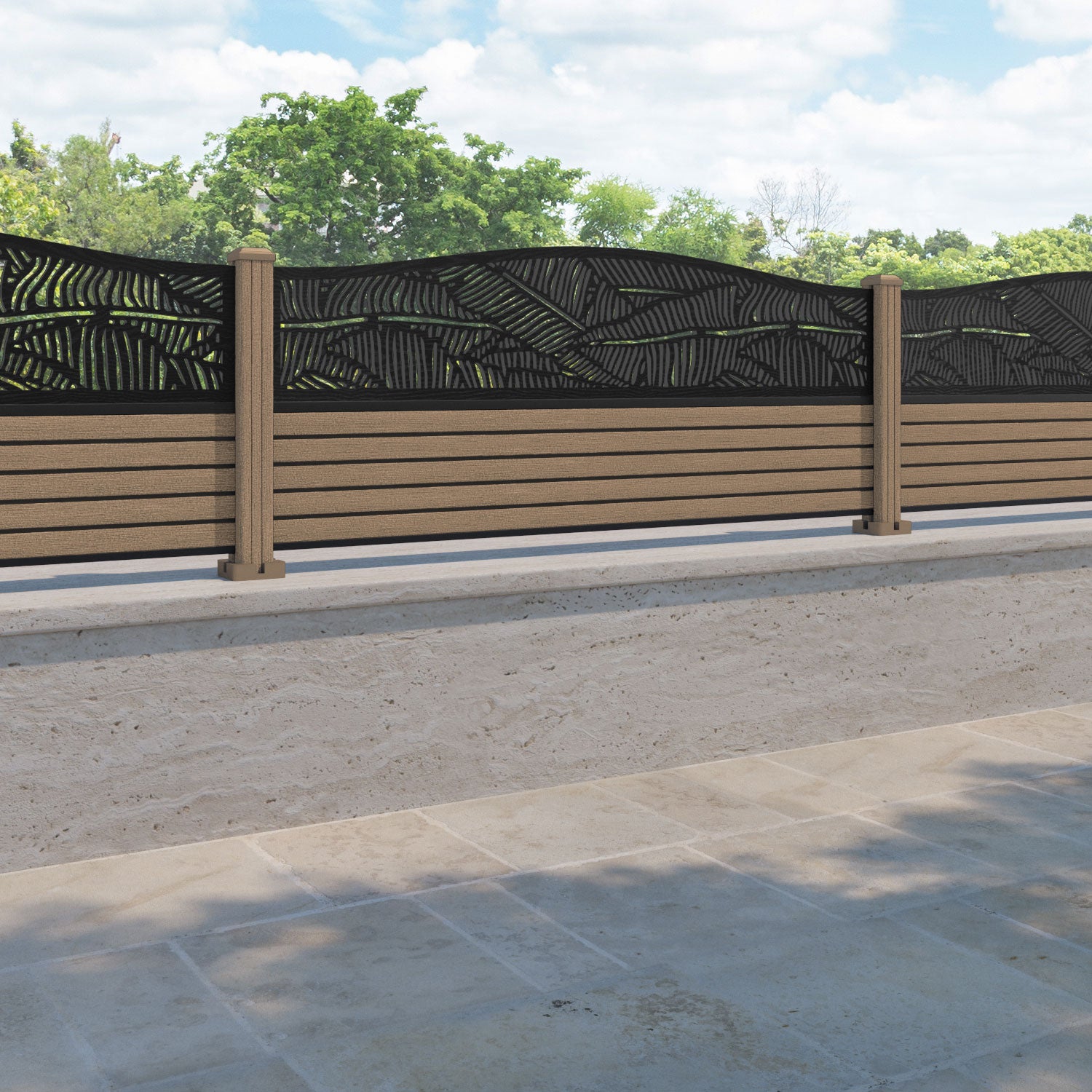 Hudson Feather Curved Top Fence Panel - Teak - with our composite posts