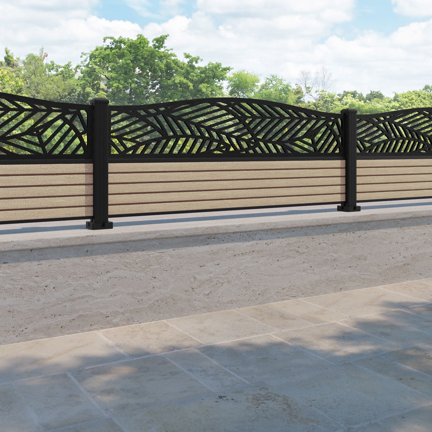 Hudson Habitat Curved Top Fence Panel - Light Oak - with our aluminium posts