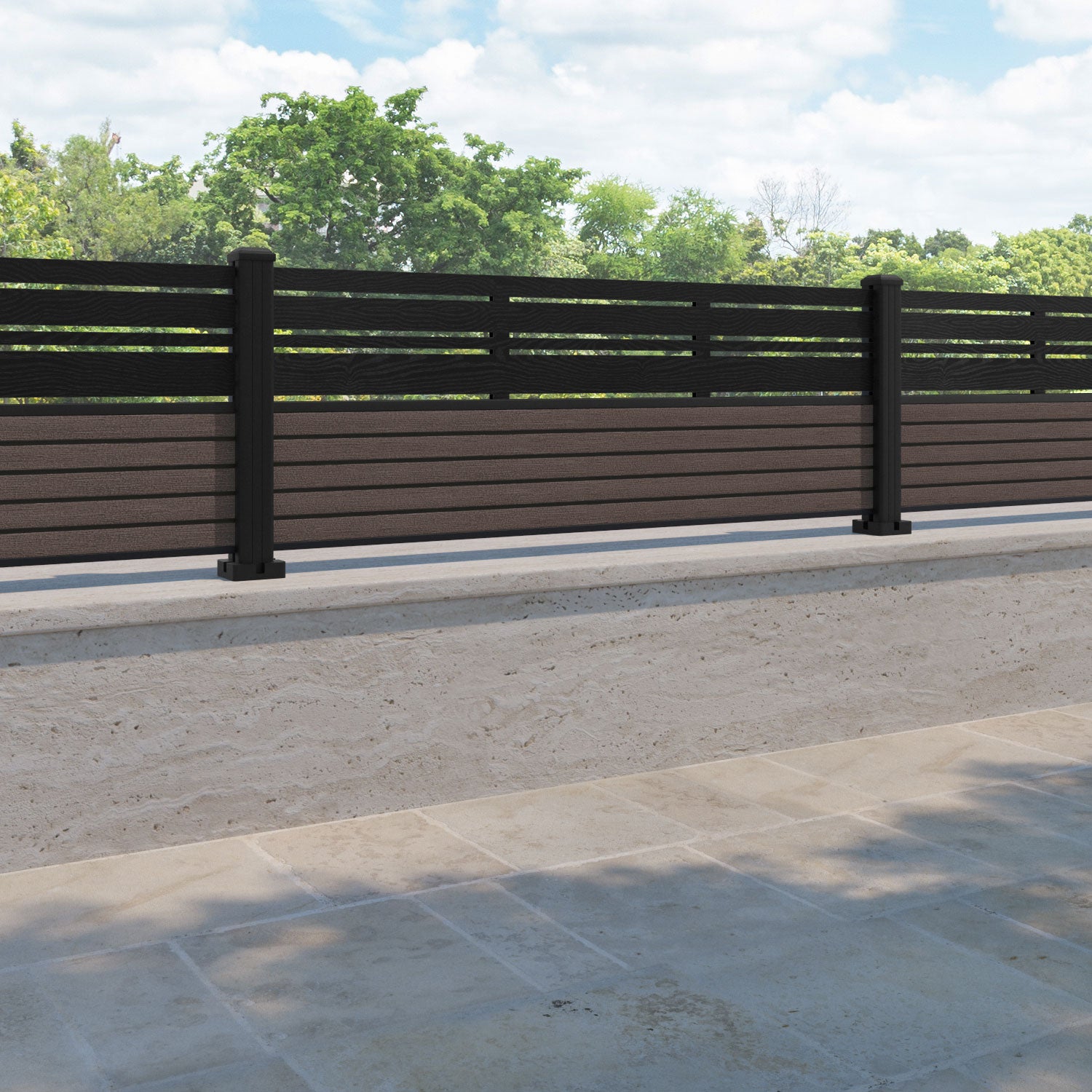 Hudson Linea Fence Panel - Mid Brown - with our aluminium posts