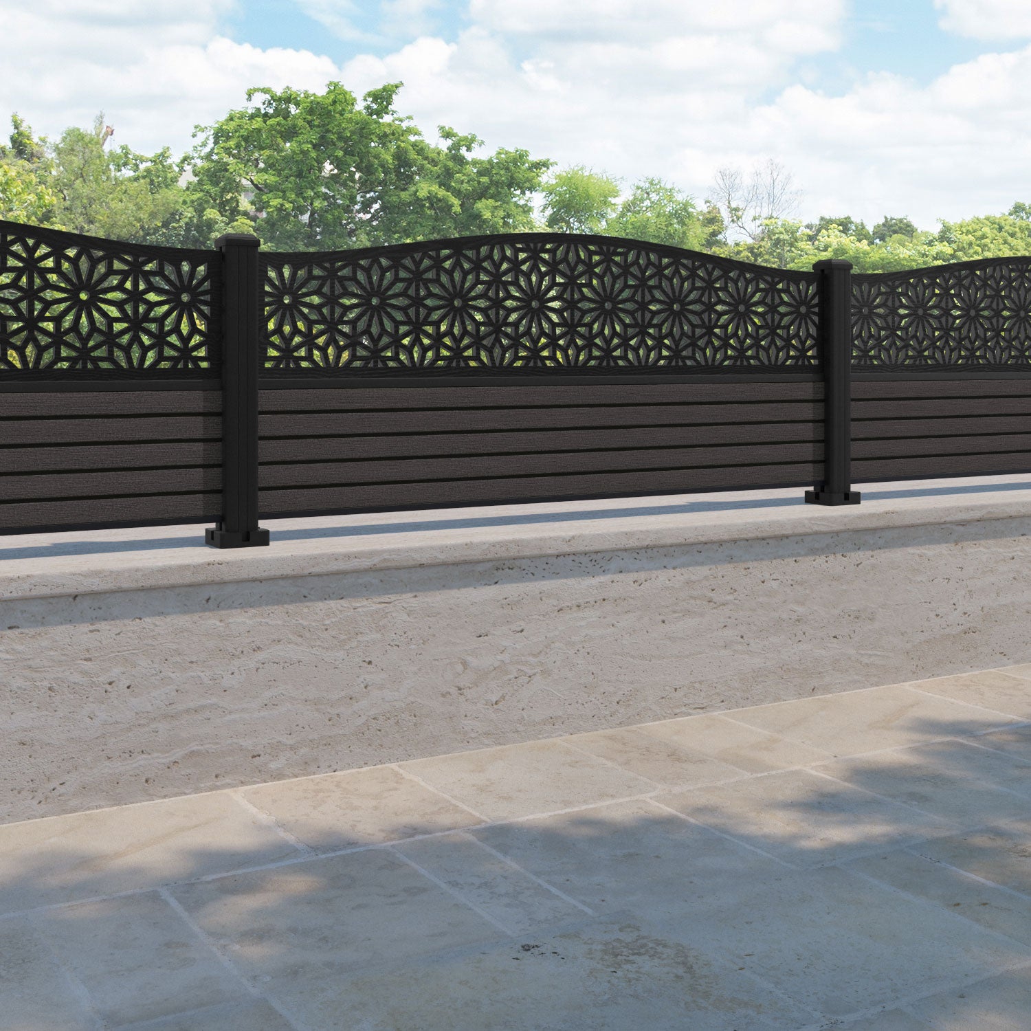 Hudson Narwa Curved Top Fence Panel - Dark Oak - with our aluminium posts