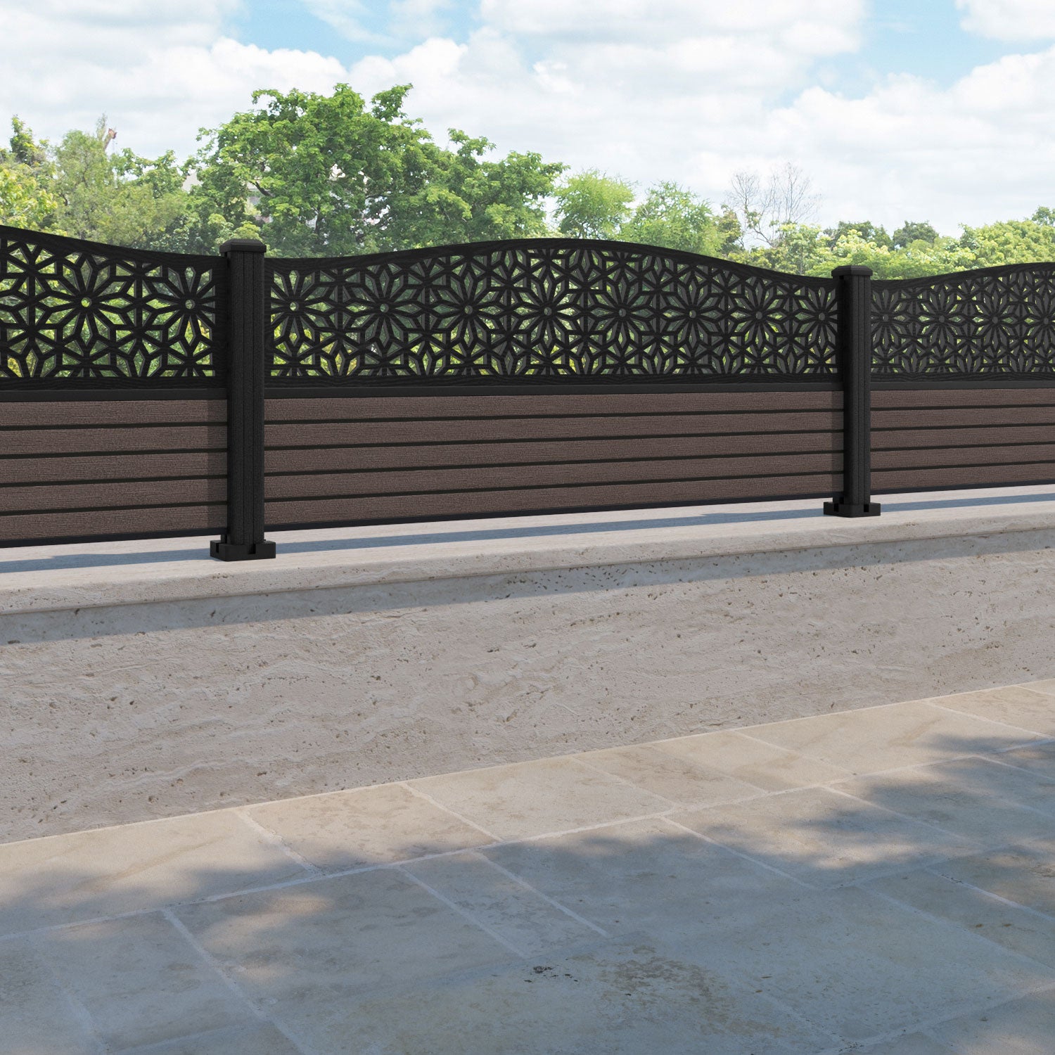 Hudson Narwa Curved Top Fence Panel - Mid Brown - with our composite posts