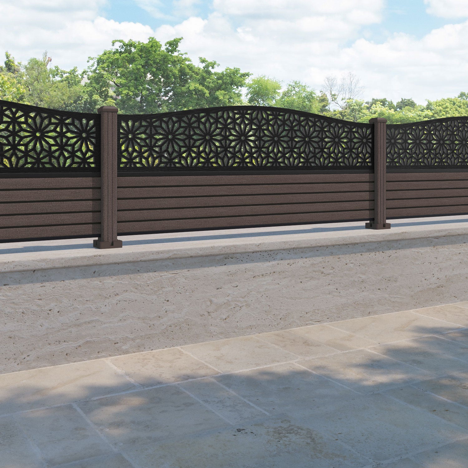 Hudson Narwa Curved Top Fence Panel - Mid Brown - with our composite posts