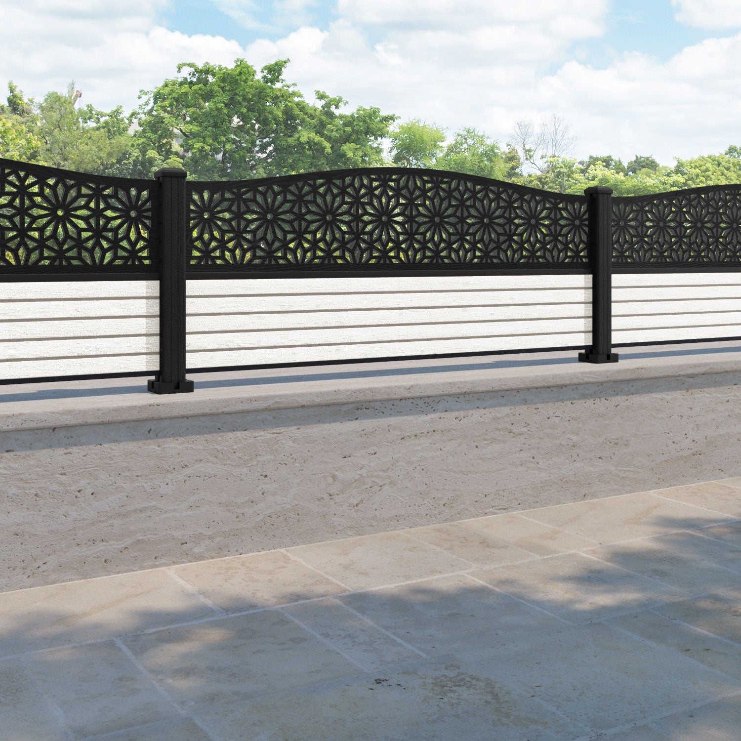 Hudson Narwa Curved Top Fence Panel - Light Stone - with our composite posts