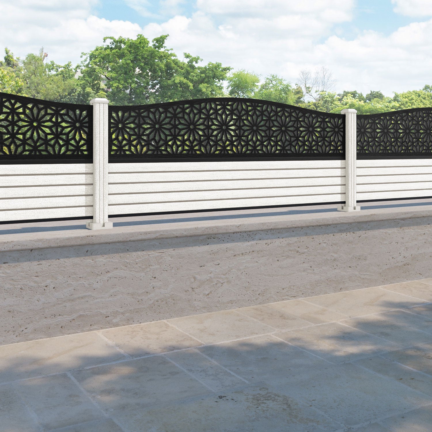 Hudson Narwa Curved Top Fence Panel - Light Stone - with our composite posts