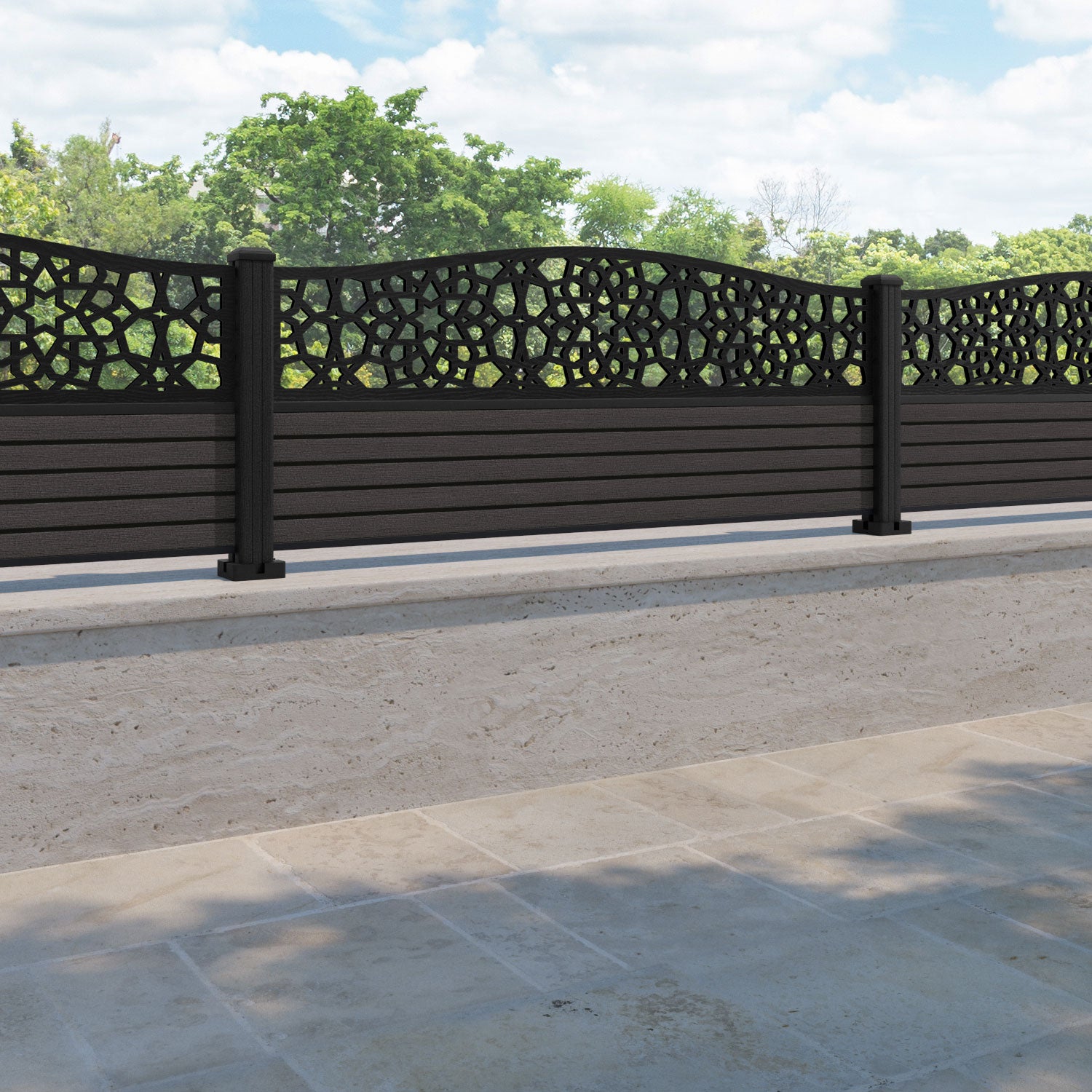 Hudson Nazira Curved Top Fence Panel - Dark Oak - with our composite posts