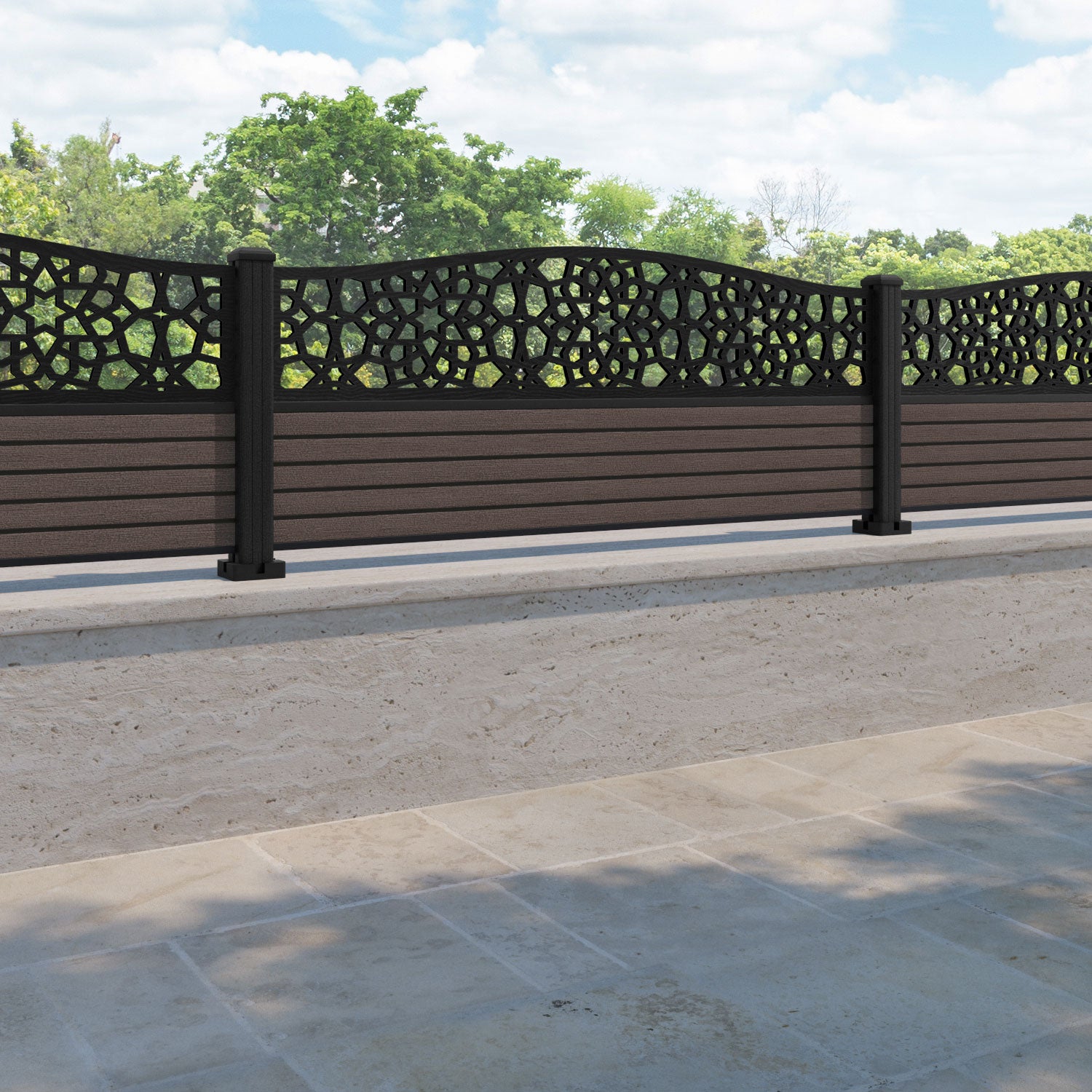 Hudson Nazira Curved Top Fence Panel - Mid Brown - with our composite posts