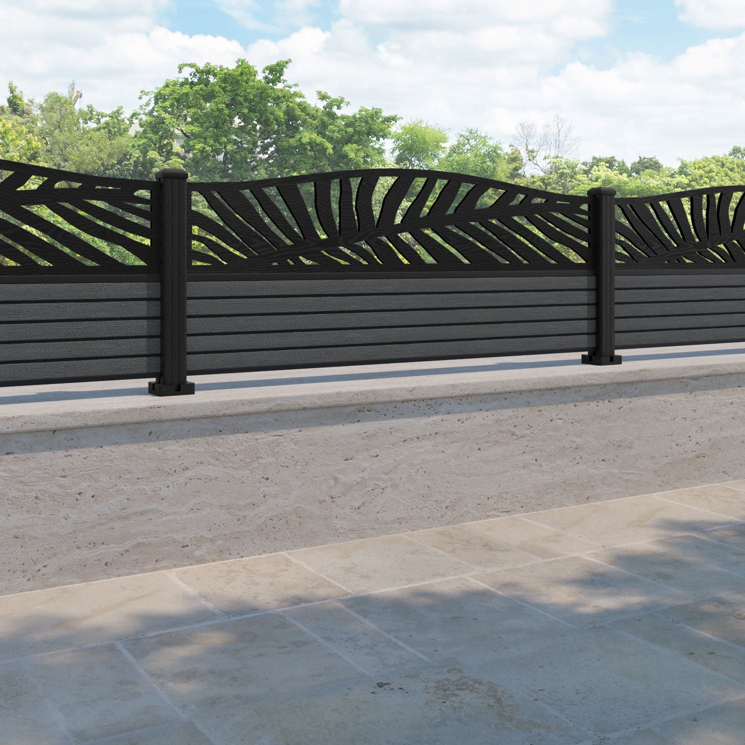 Hudson Palm Curved Top Fence Panel - Dark Grey - with our composite posts