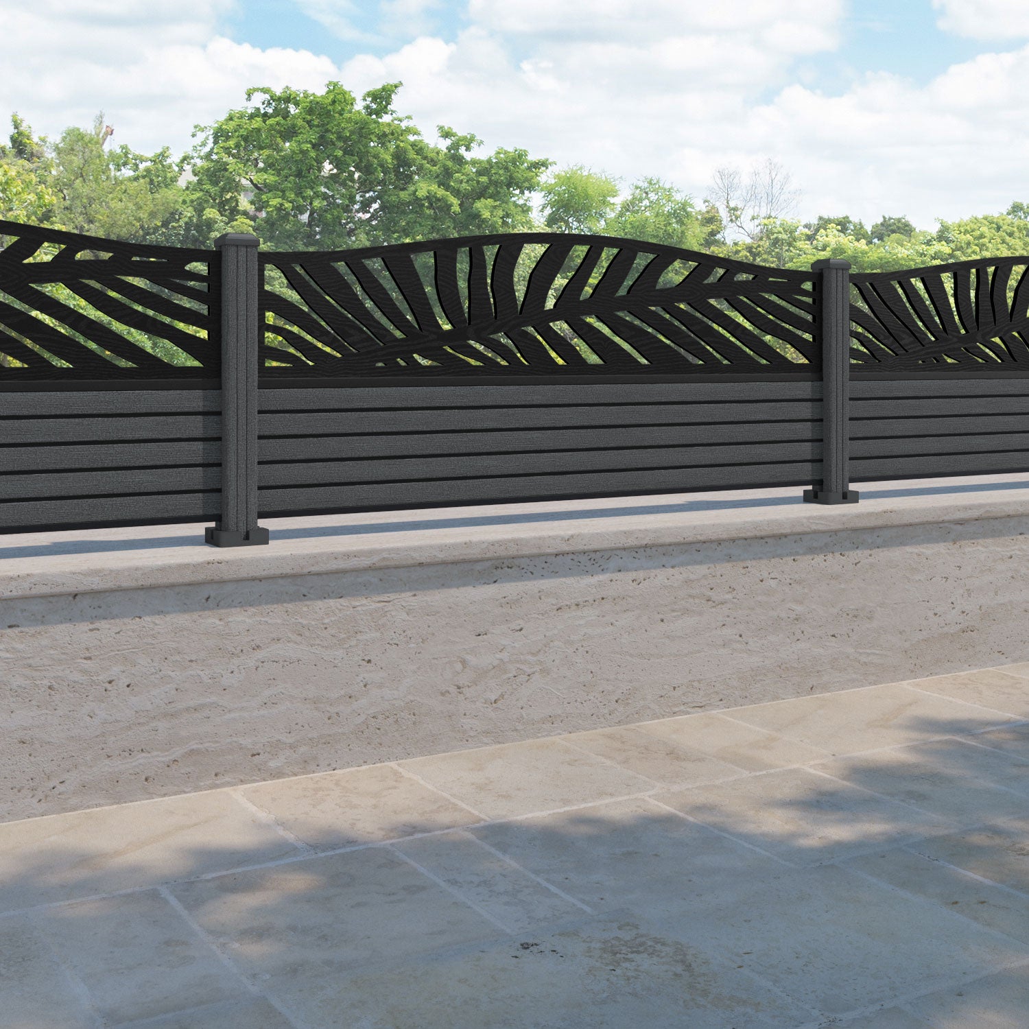 Hudson Palm Curved Top Fence Panel - Dark Grey - with our composite posts