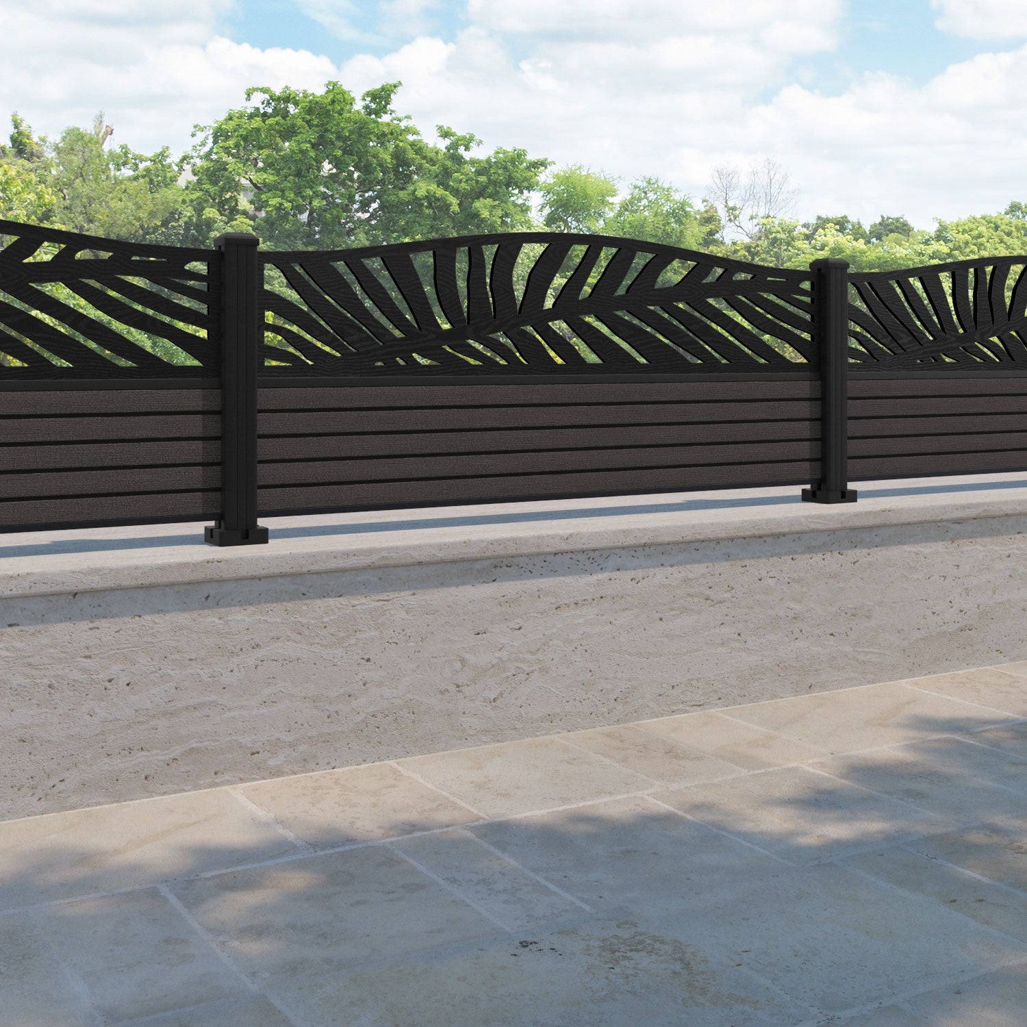 Hudson Palm Curved Top Fence Panel - Dark Oak - with our aluminium posts