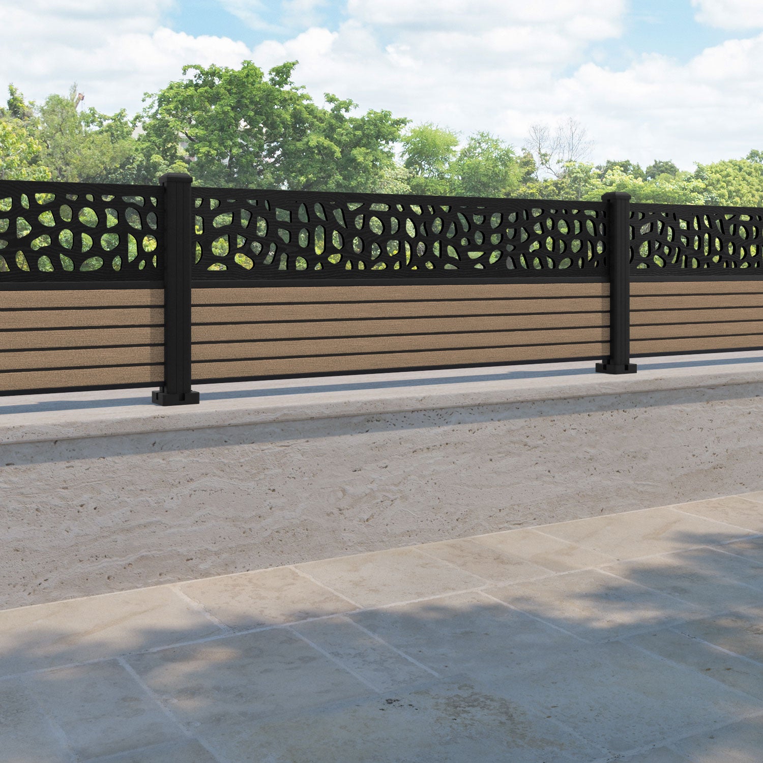 Hudson Pebble Fence Panel - Teak - with our aluminium posts