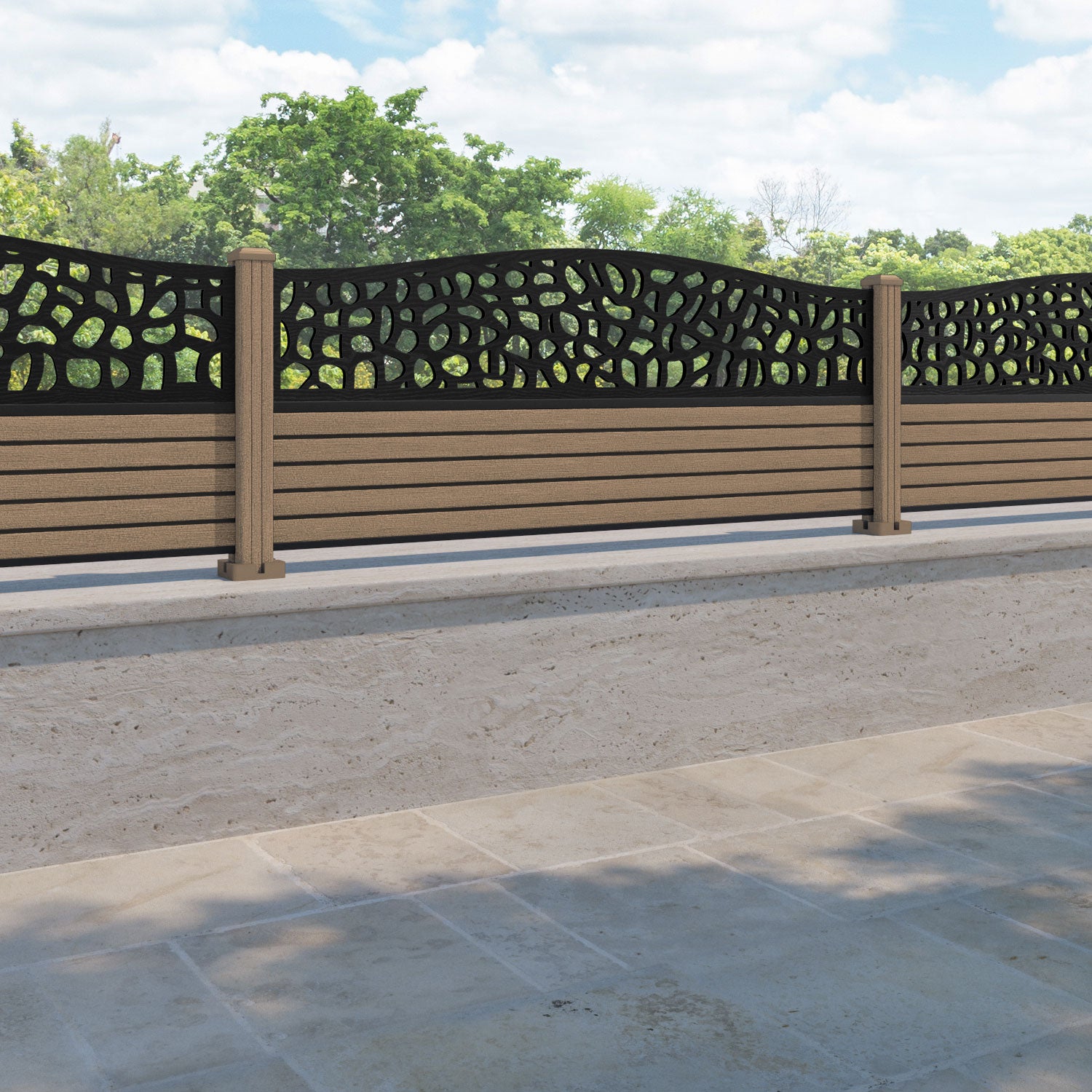 Hudson Pebble Curved Top Fence Panel - Teak - with our composite posts