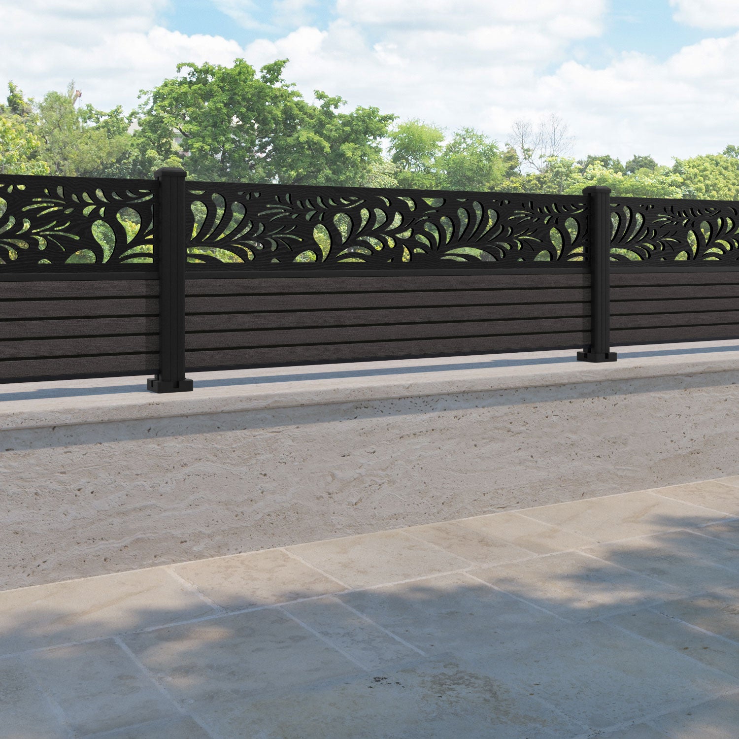 Hudson Petal Fence Panel - Dark Oak - with our aluminium posts