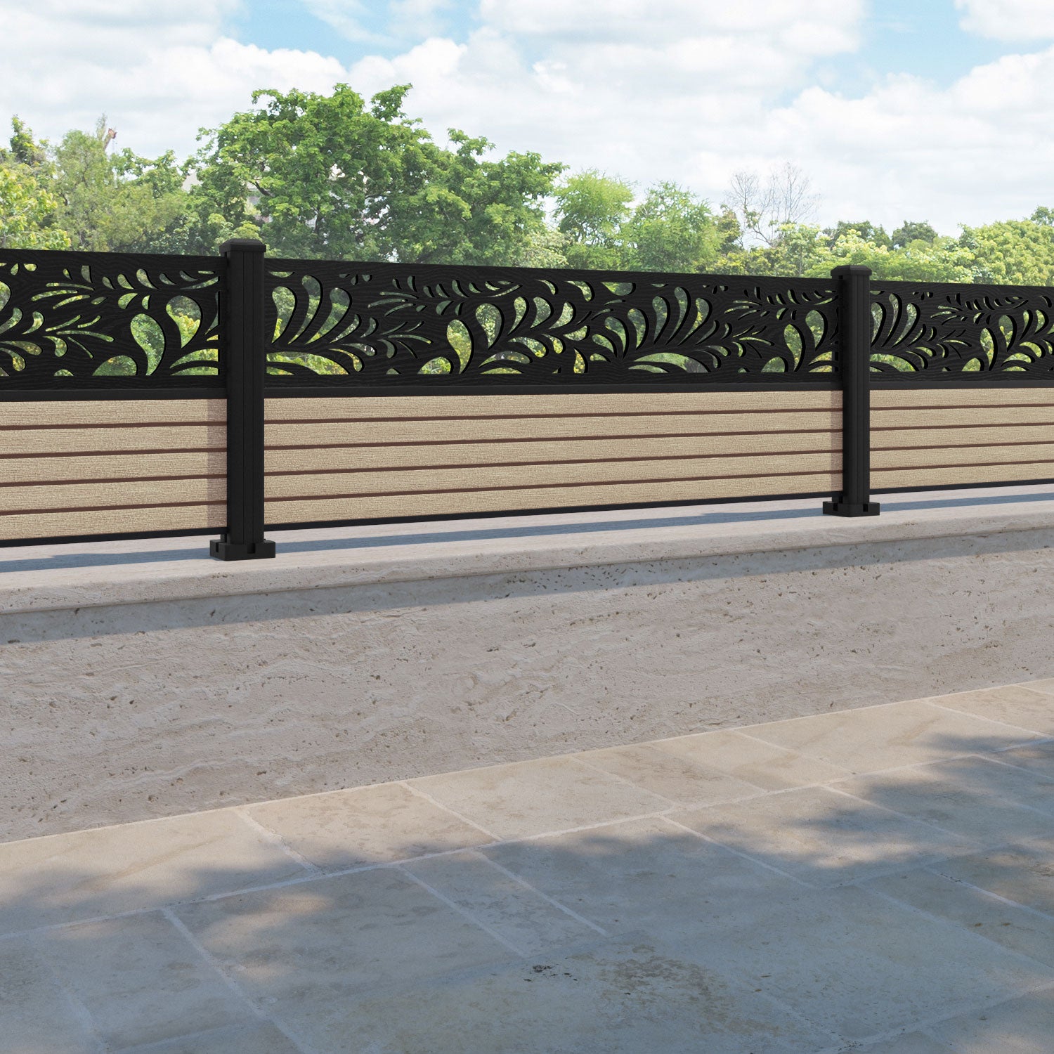 Hudson Petal Fence Panel - Light Oak - with our aluminium posts