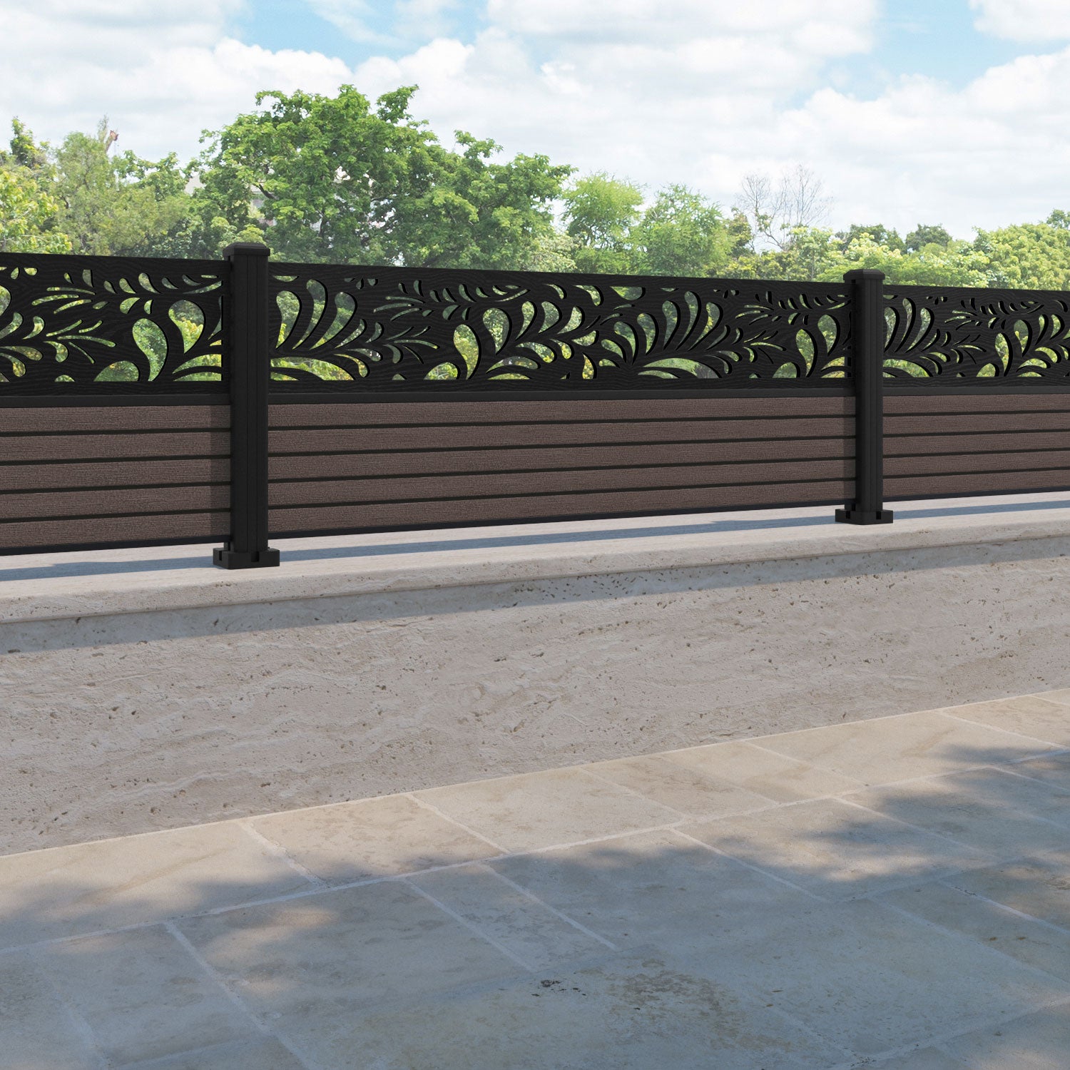 Hudson Petal Fence Panel - Mid Brown - with our aluminium posts