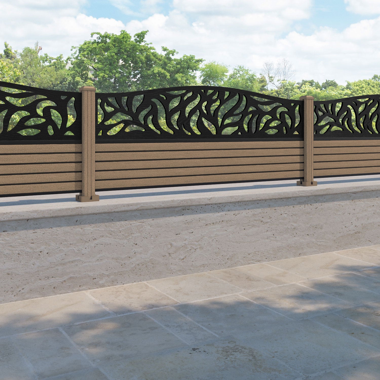Hudson Plume Curved Top Fence Panel - Teak - with our composite posts