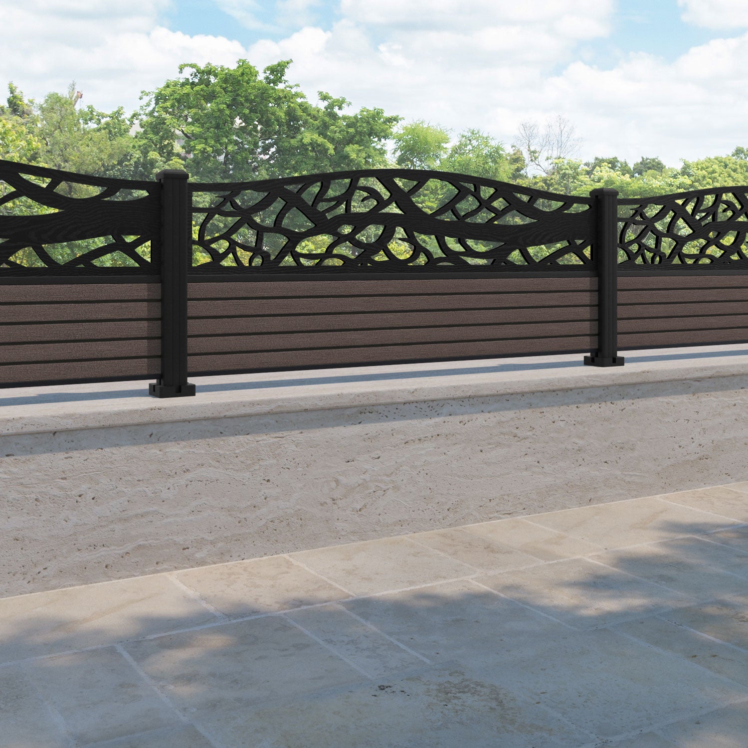 Hudson Twilight Curved Top Fence Panel - Mid Brown - with our aluminium posts