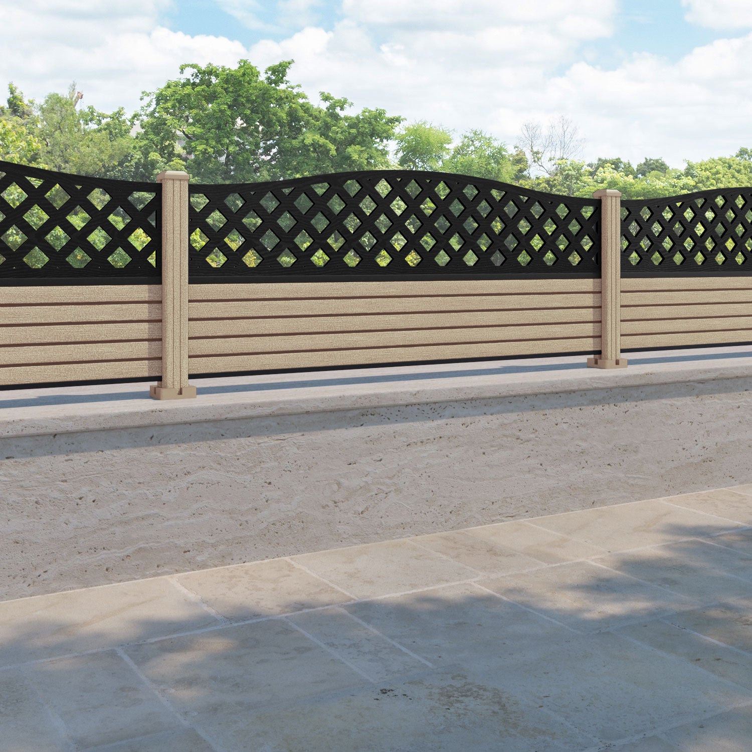 Hudson High Wave Fence Panel - Light Oak - with our composite posts
