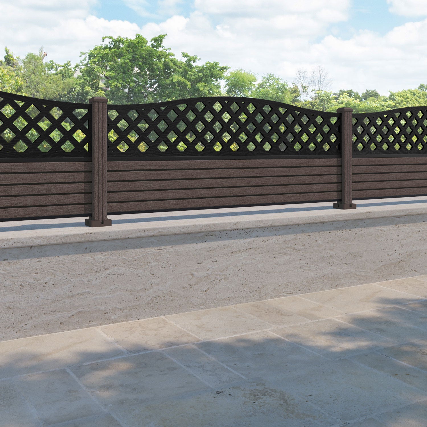 Hudson High Wave Fence Panel - Mid Brown - with our composite posts