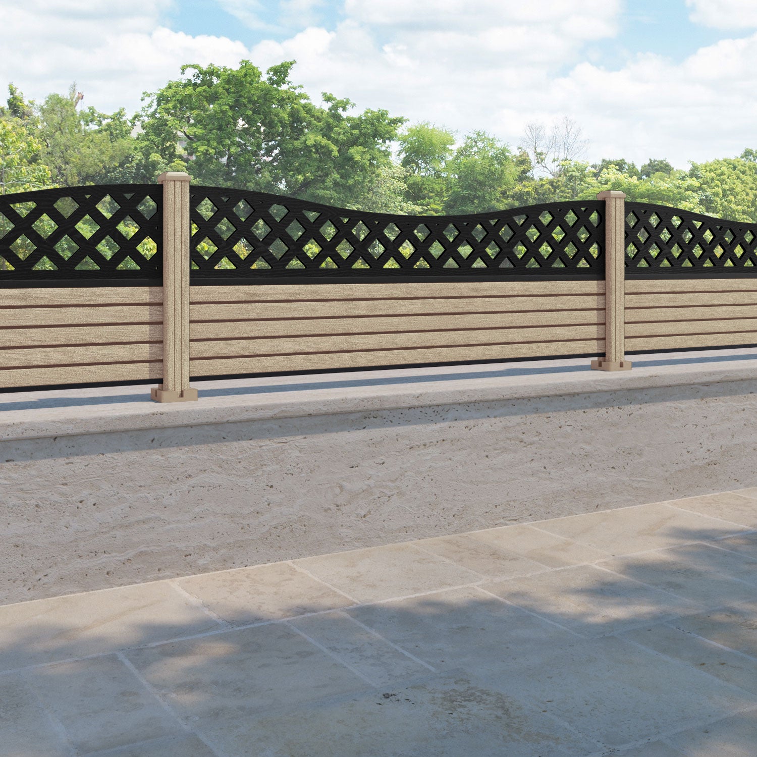 Hudson Low Wave Fence Panel - Light Oak - with our composite posts