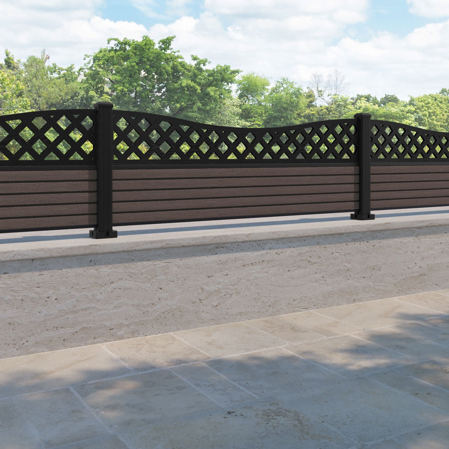 Hudson Low Wave Fence Panel - Mid Brown - with our aluminium posts