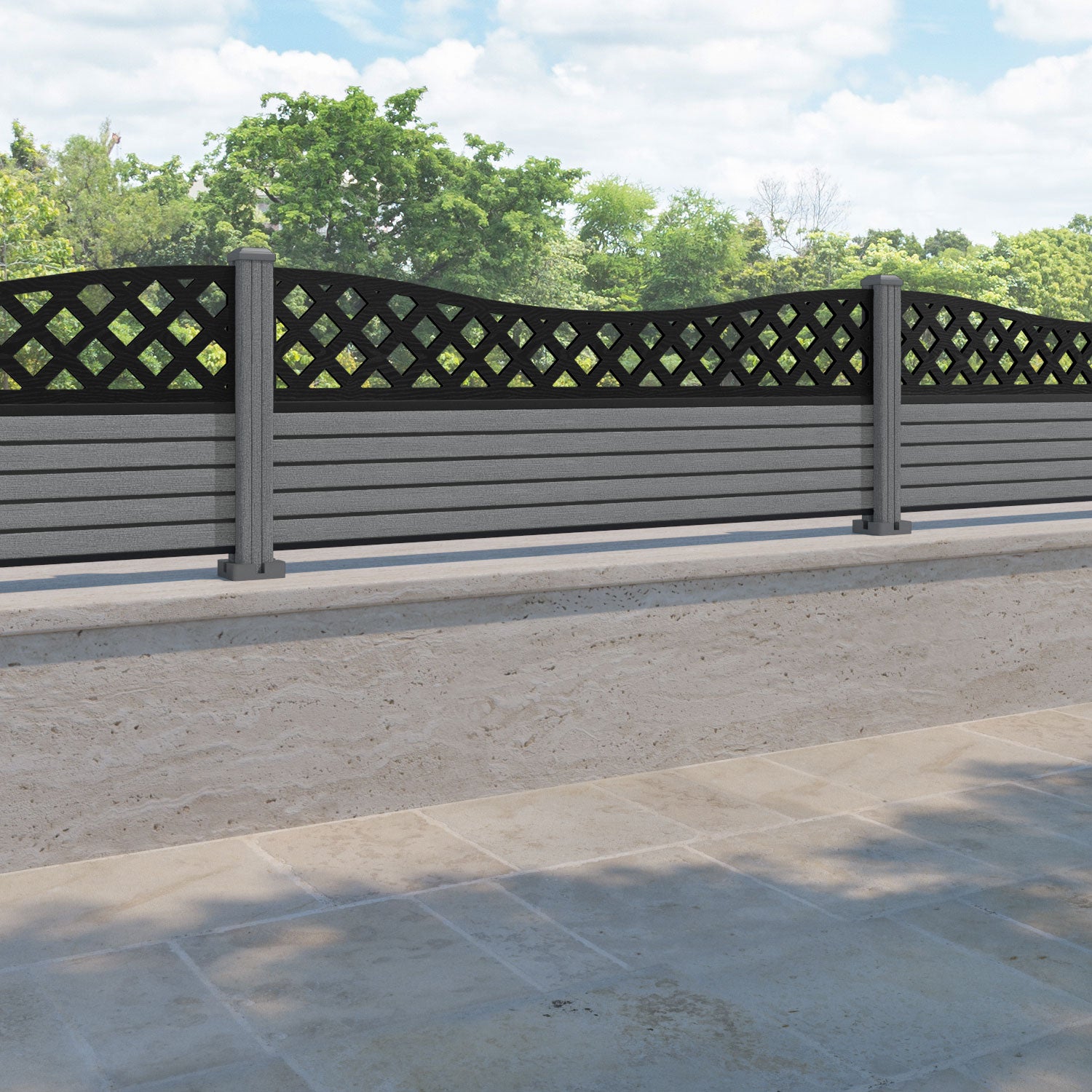 Hudson Low Wave Fence Panel - Mid Grey - with our composite posts