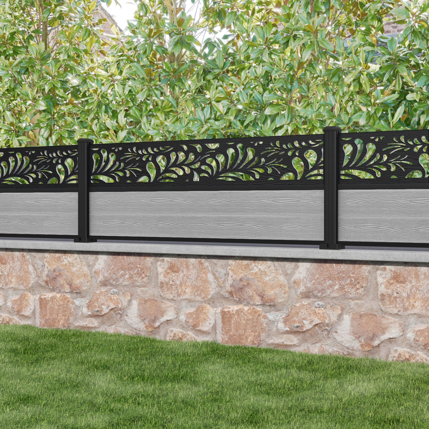Classic Petal Fence Panel - Light Grey - with our aluminium posts