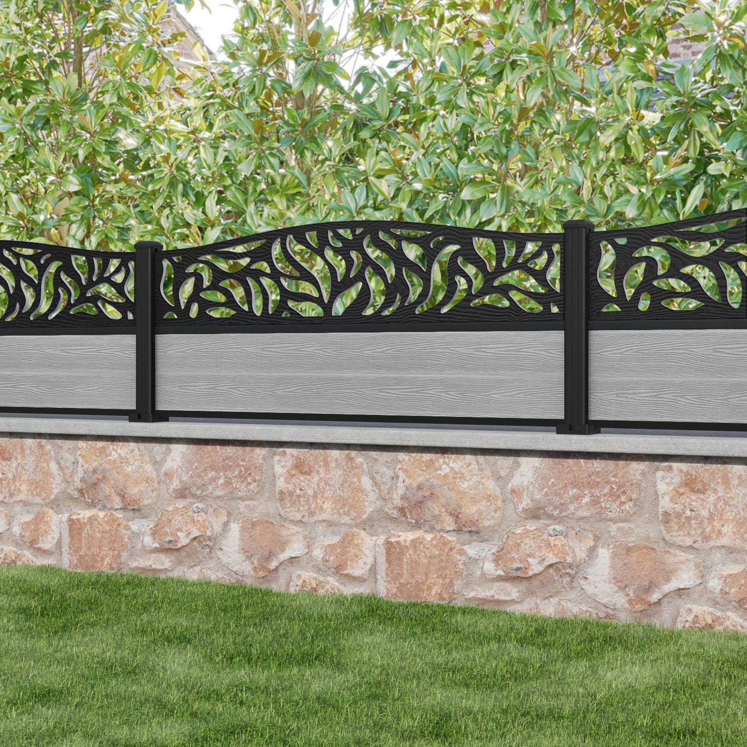 Classic Plume Curved Top Fence Panel - Light Grey - with our aluminium posts