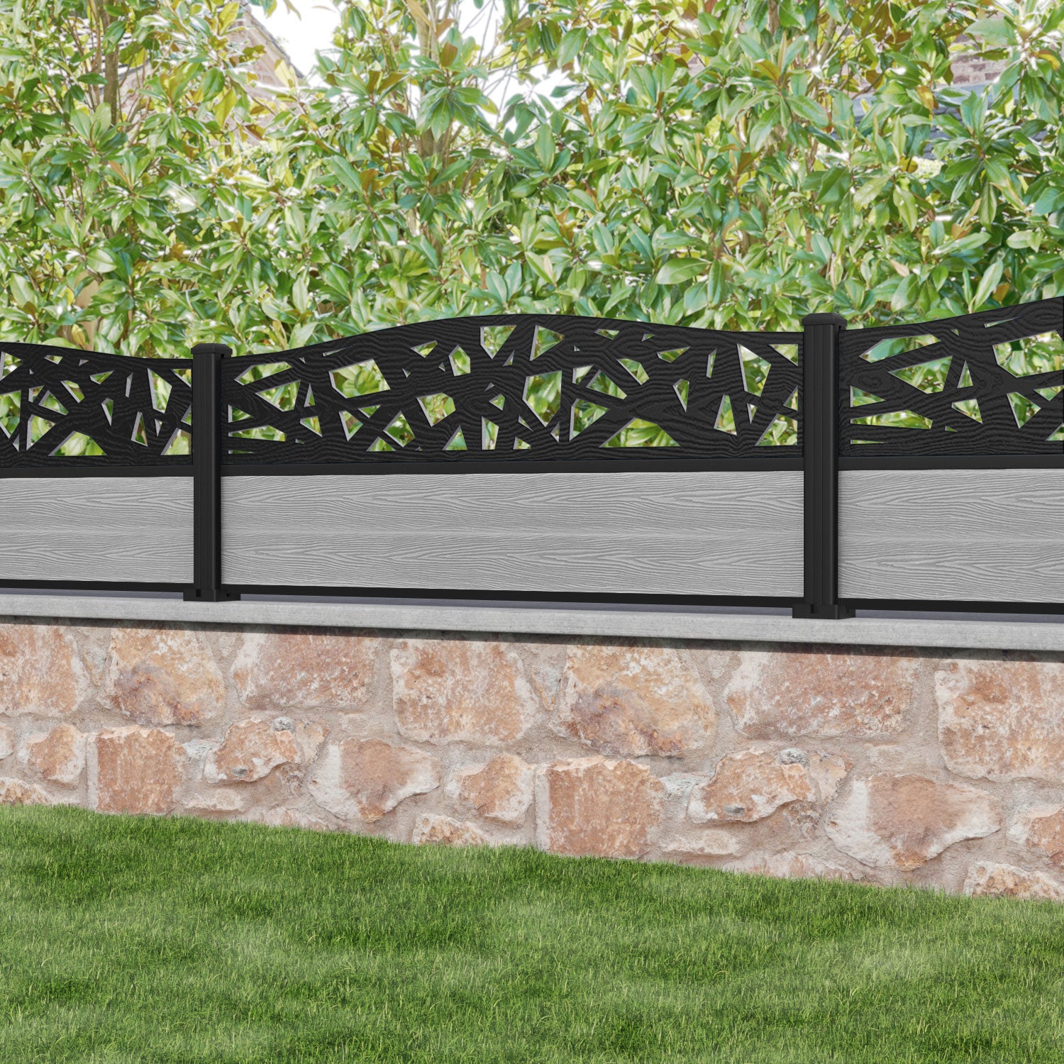 Classic Prism Curved Top Fence Panel - Light Grey - with our aluminium posts