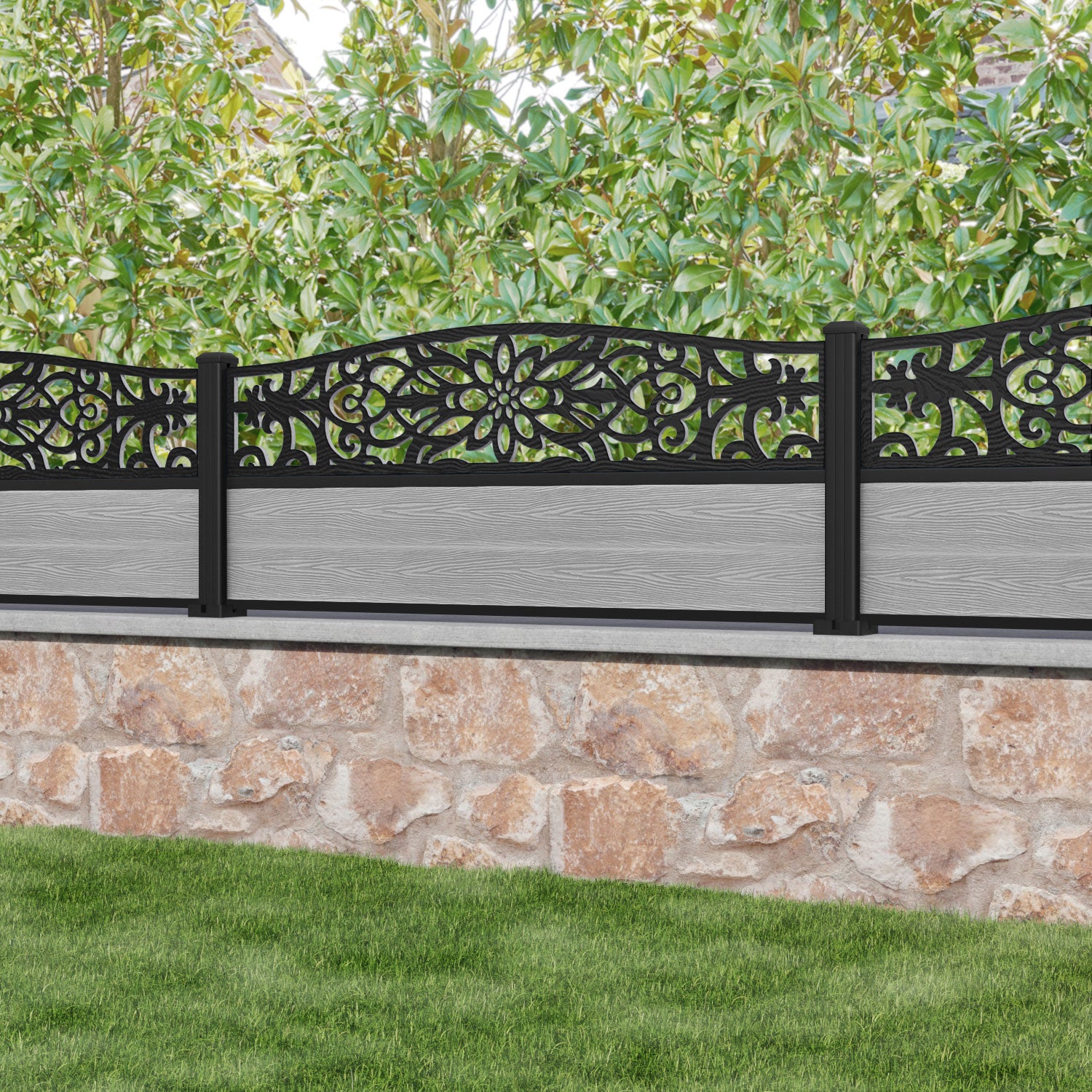 Classic Windsor Curved Top Fence Panel - Light Grey - with our aluminium posts