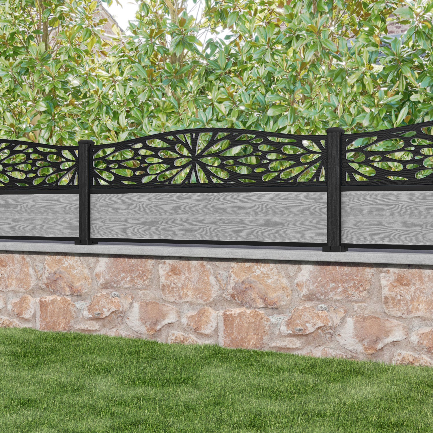 Classic Blossom Curved Top Fence Panel - Light Grey - with our composite posts