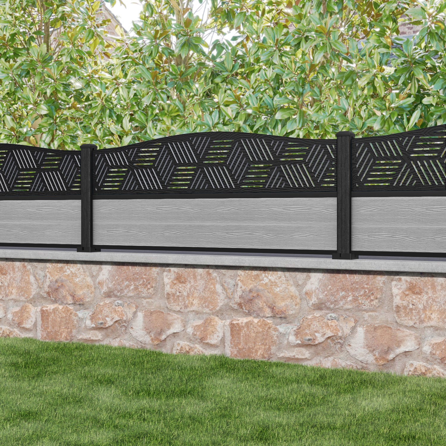 Classic Cubed Curved Top Fence Panel - Light Grey - with our composite posts