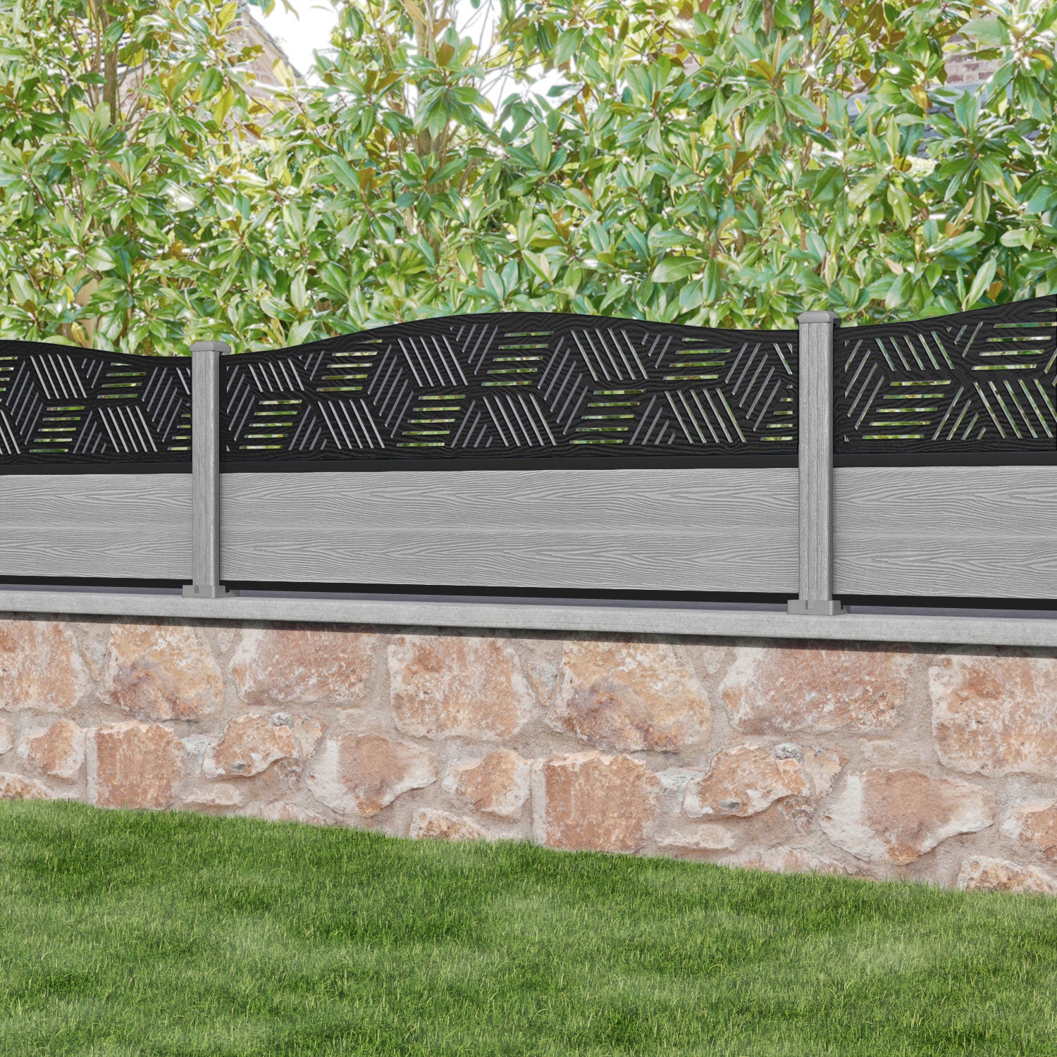 Classic Cubed Curved Top Fence Panel - Light Grey - with our composite posts