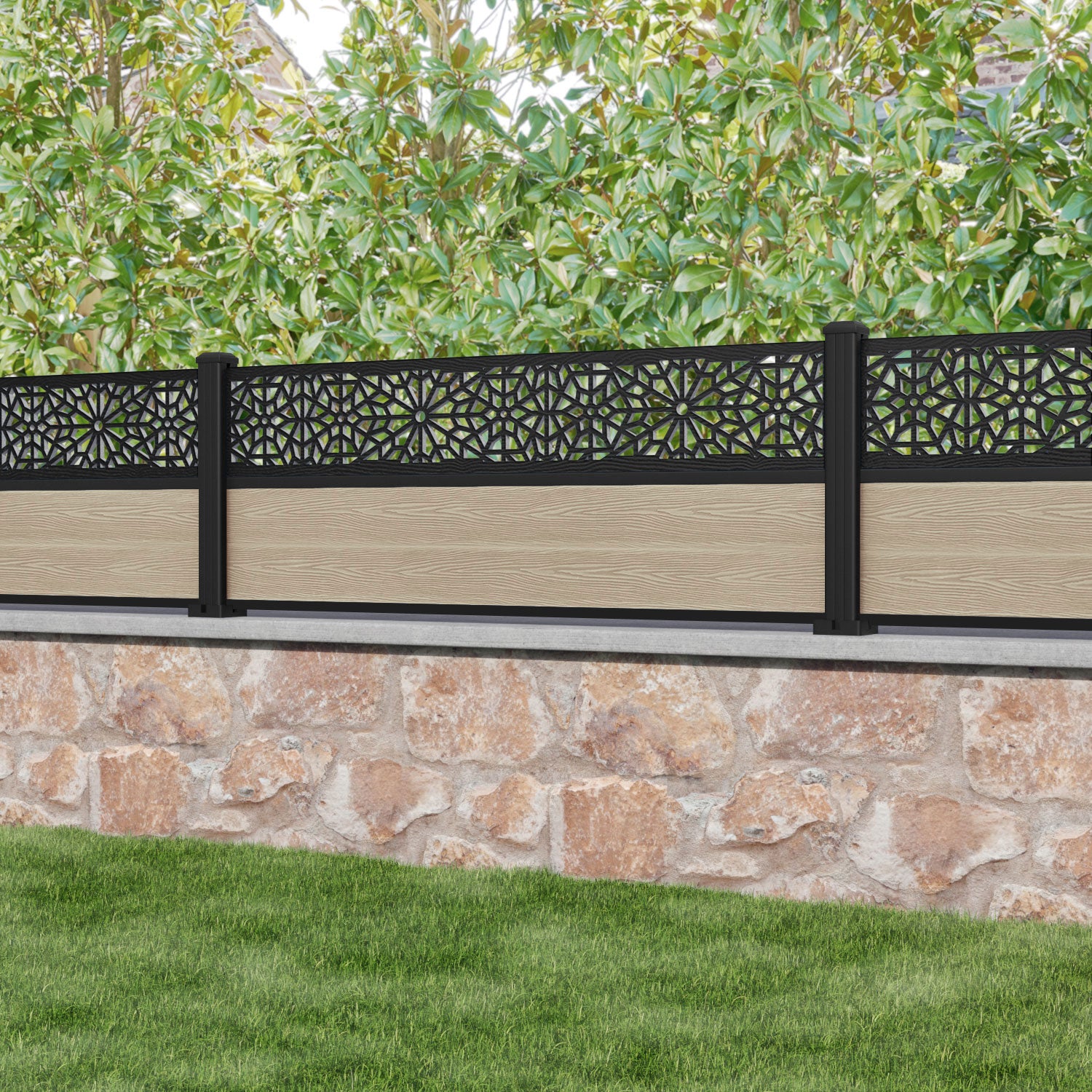 Classic Alnara Fence Panel - Light Oak - with our aluminium posts