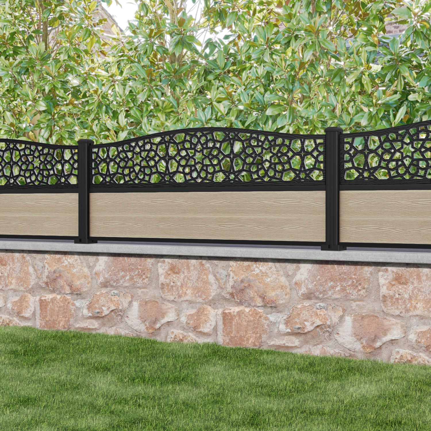 Classic Nazira Curved Top Fence Panel - Light Oak - with our aluminium posts