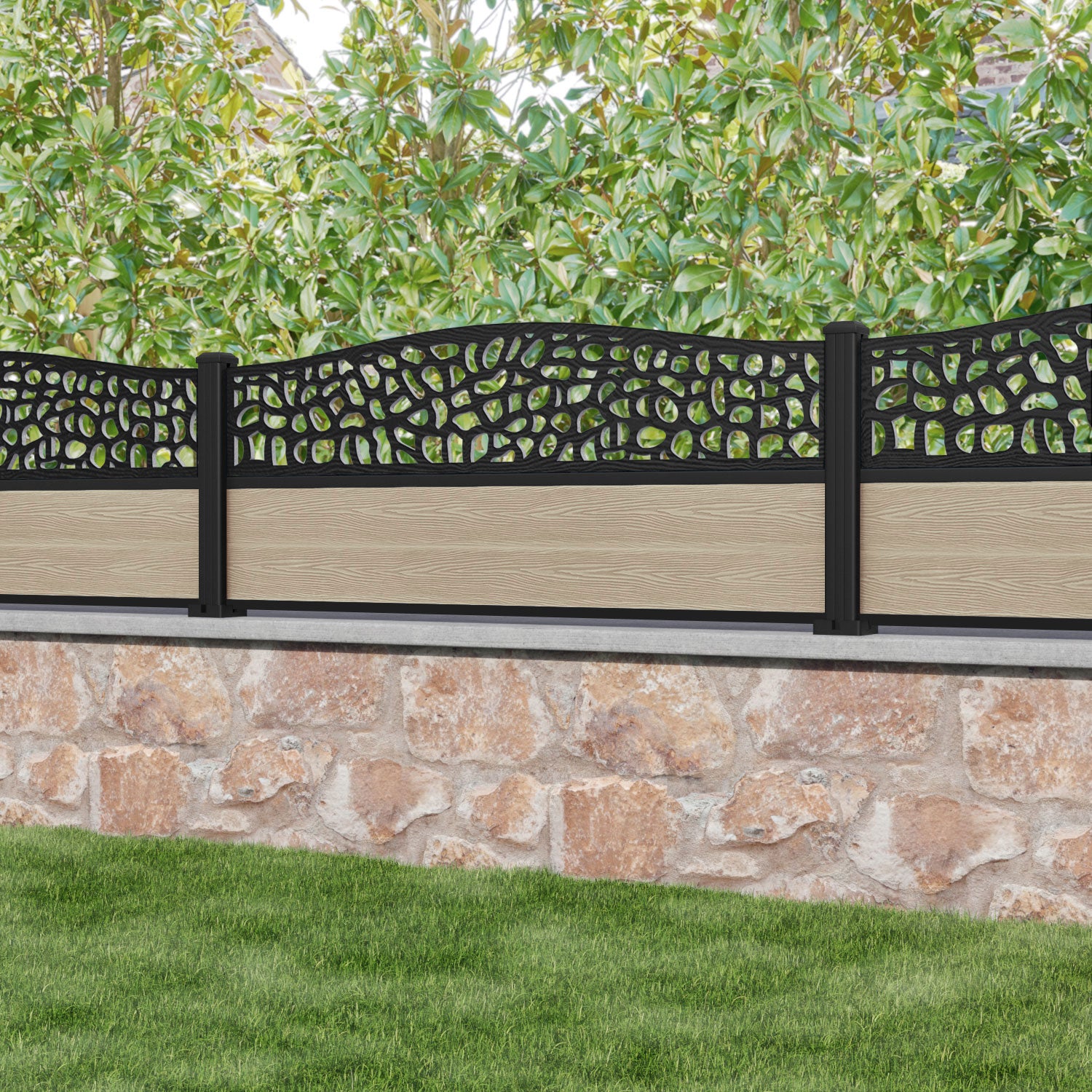 Classic Pebble Curved Top Fence Panel - Light Oak - with our aluminium posts
