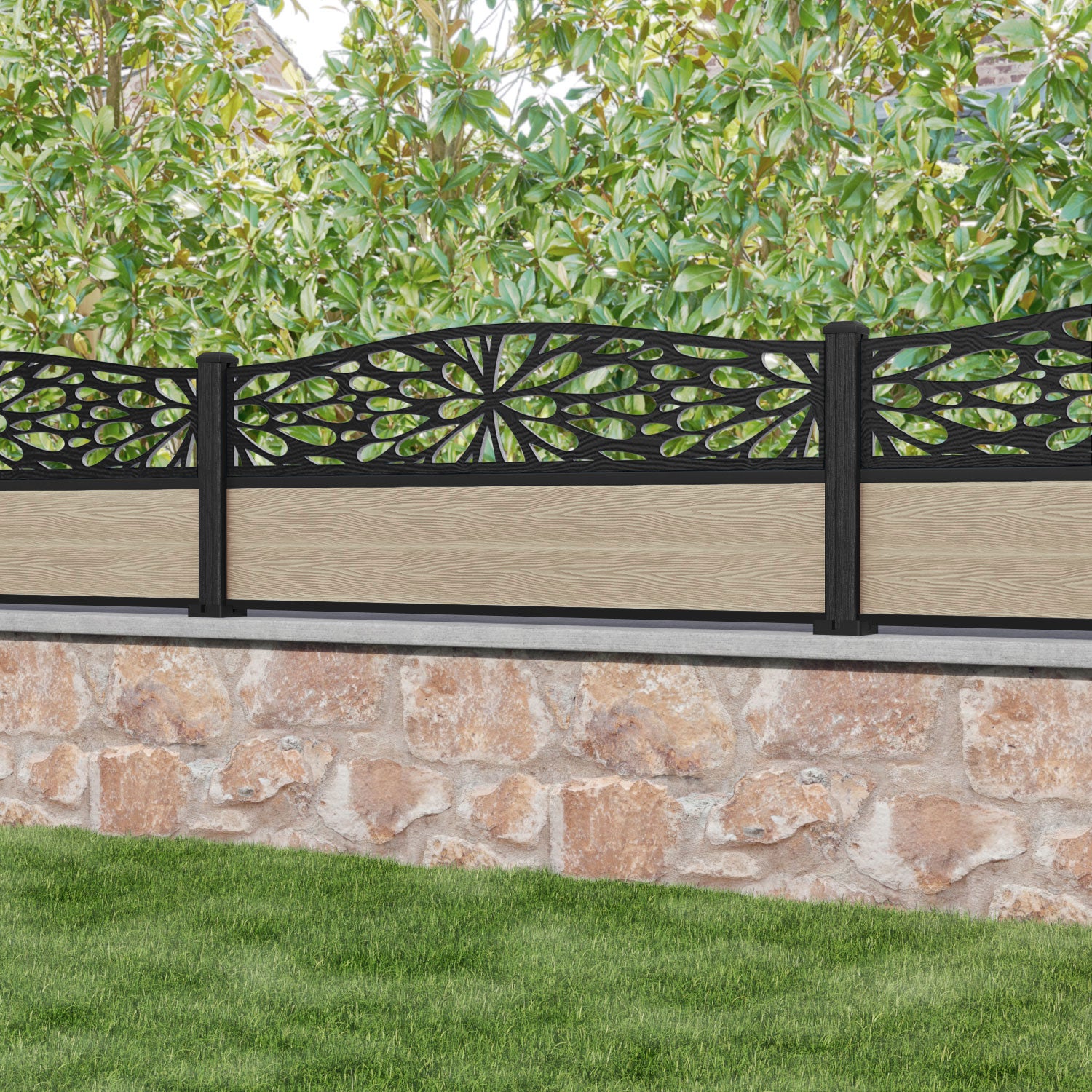 Classic Blossom Curved Top Fence Panel - Light Oak - with our composite posts