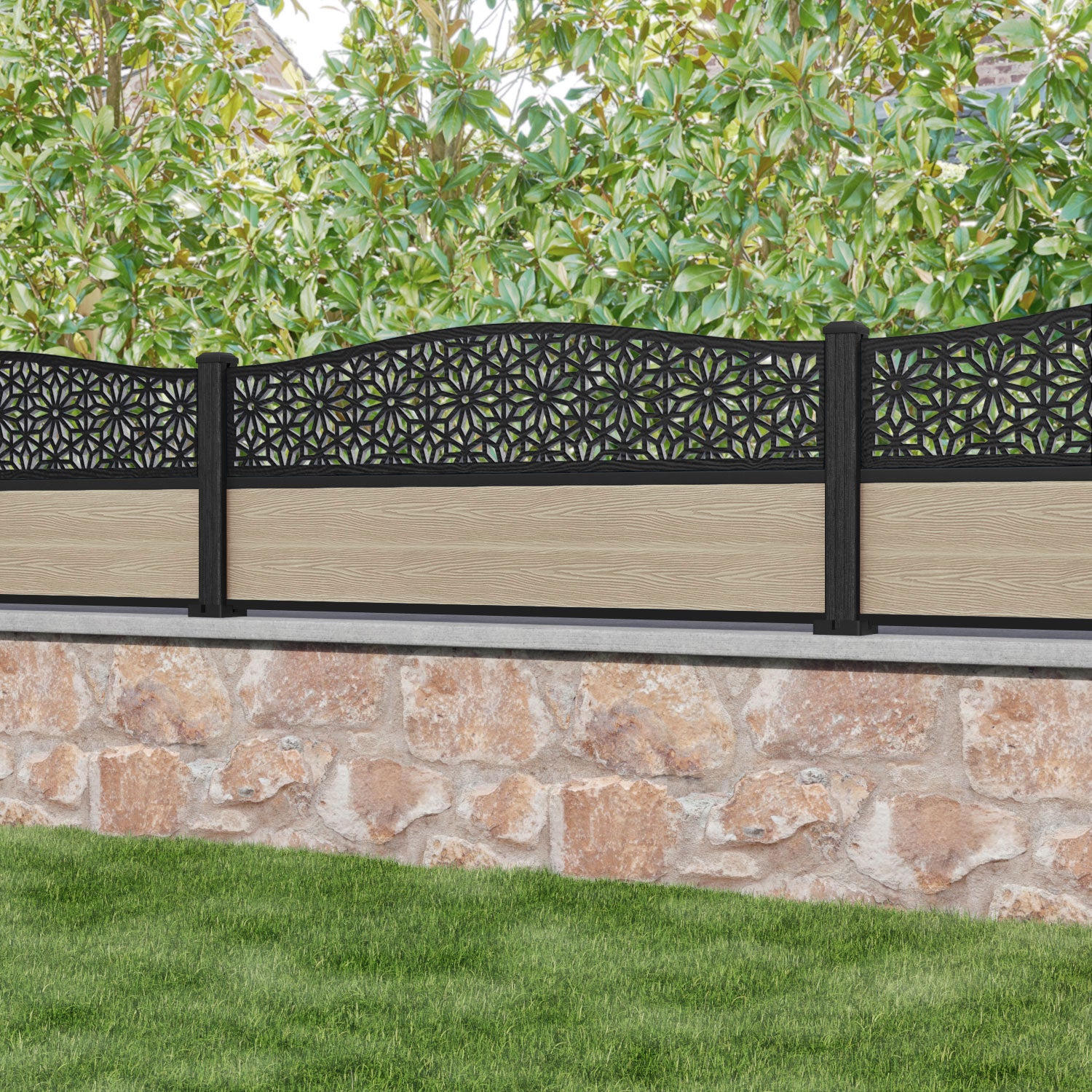 Classic Narwa Curved Top Fence Panel - Light Oak - with our composite posts
