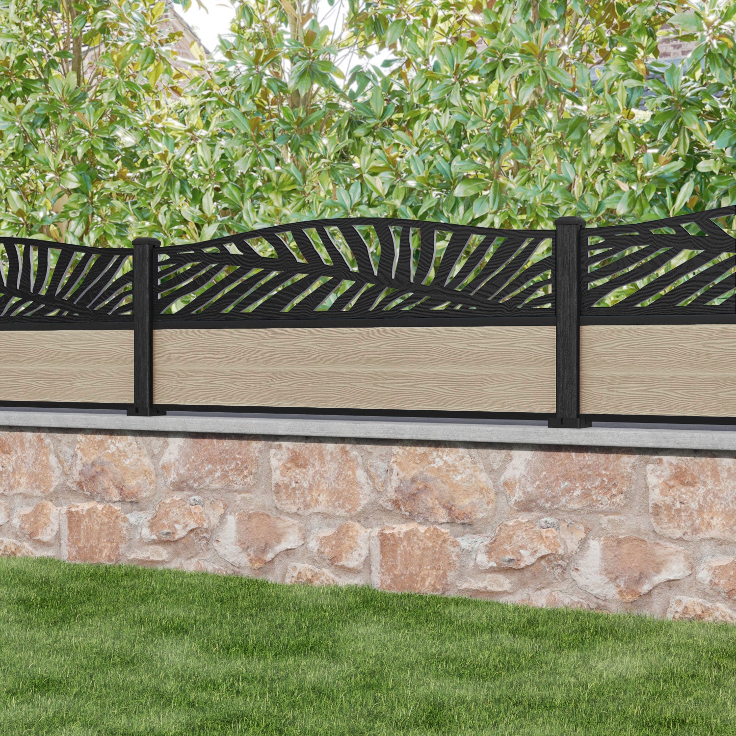 Classic Palm Curved Top Fence Panel - Light Oak - with our composite posts