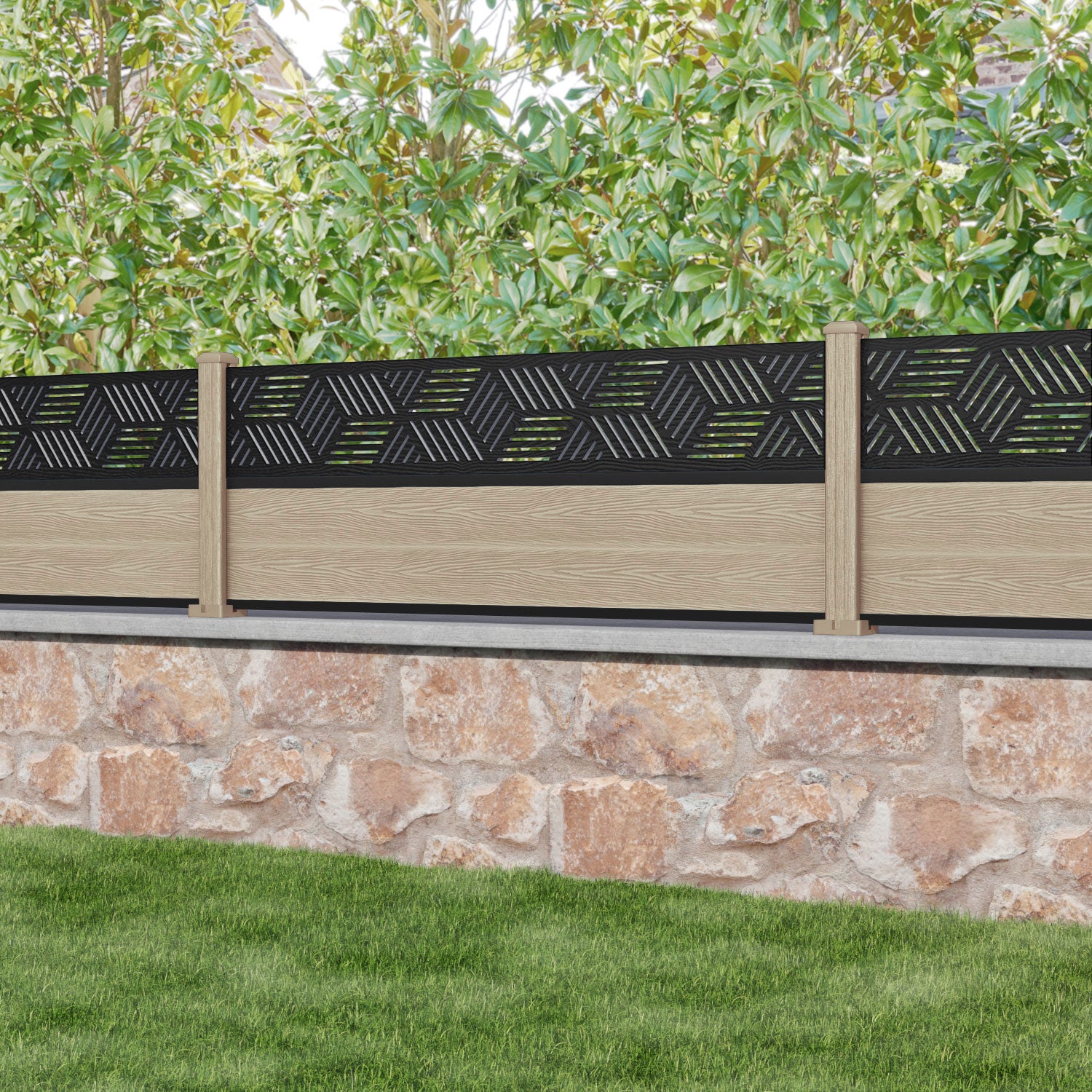 Classic Cubed Fence Panel - Light Oak - with our composite posts