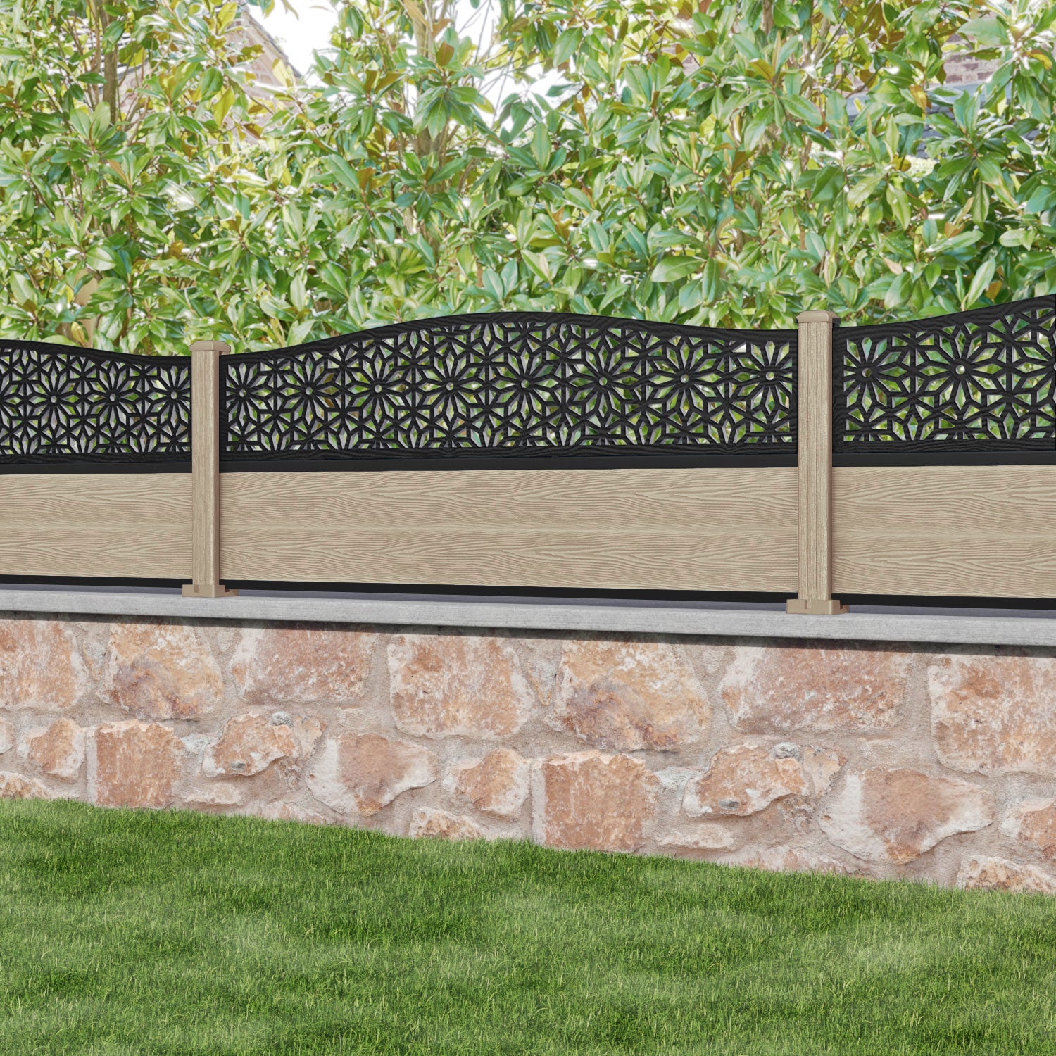 Classic Narwa Curved Top Fence Panel - Light Oak - with our composite posts