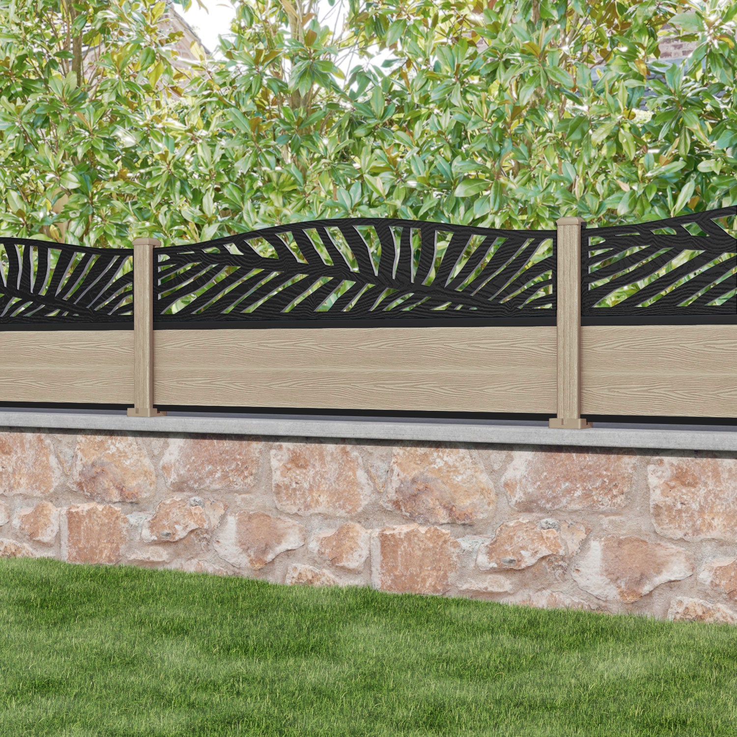 Classic Palm Curved Top Fence Panel - Light Oak - with our composite posts