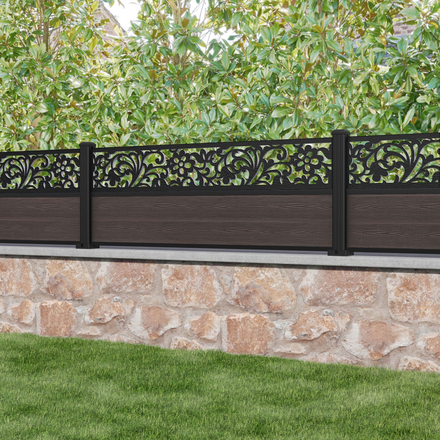Classic Eden Fence Panel - Mid Brown - with our aluminium posts