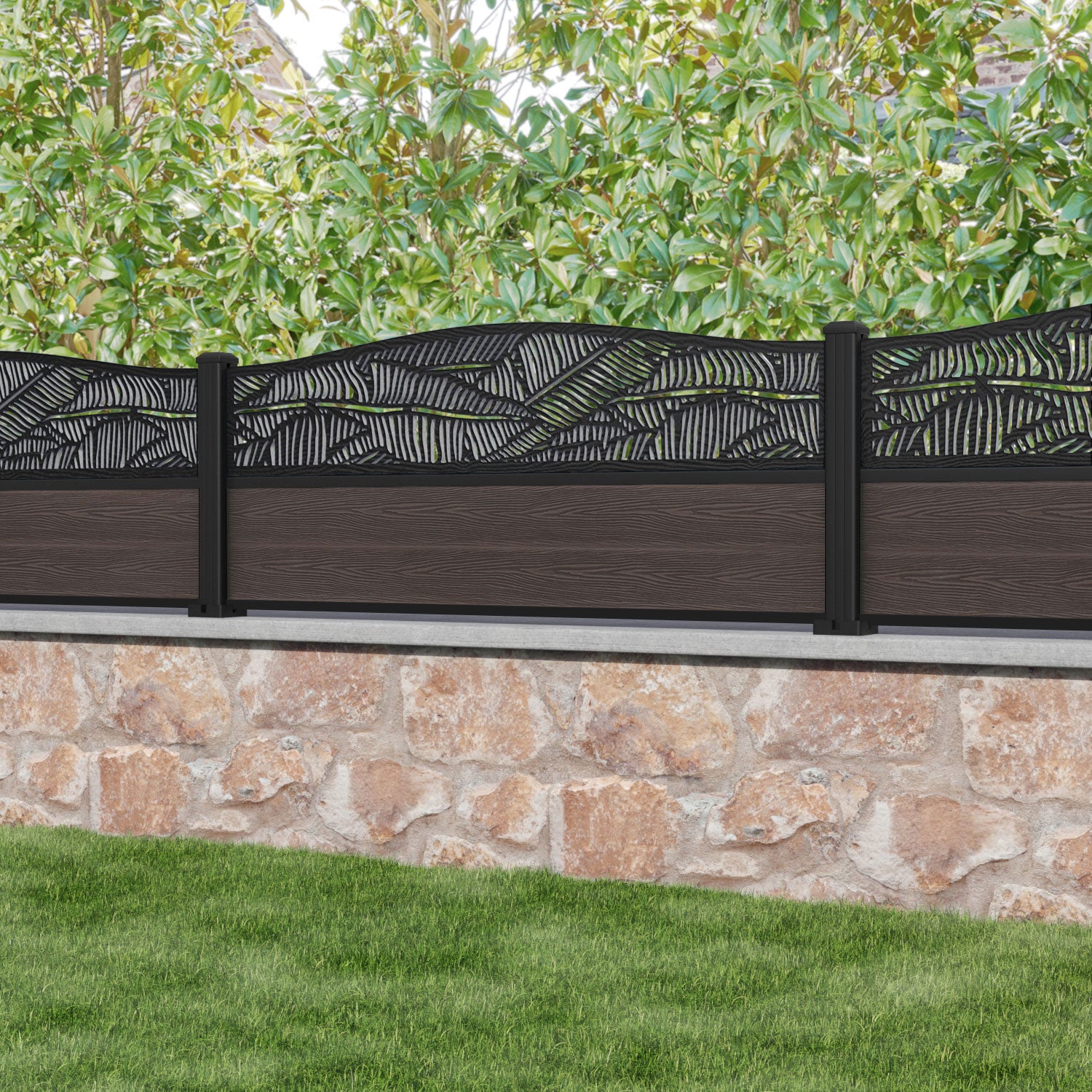 Classic Feather Curved Top Fence Panel - Mid Brown - with our aluminium posts