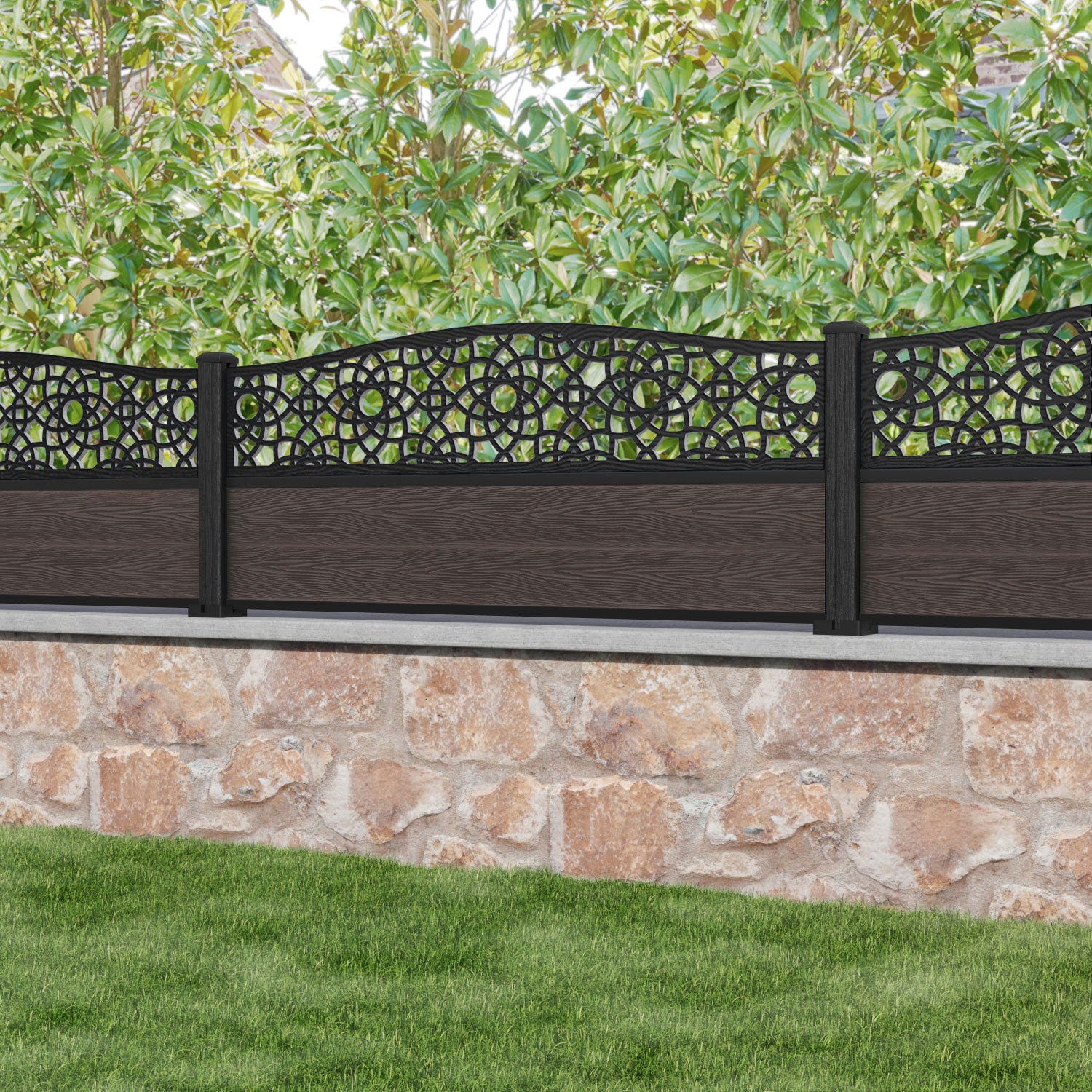 Classic Ambar Curved Top Fence Panel - Mid Brown - with our composite posts