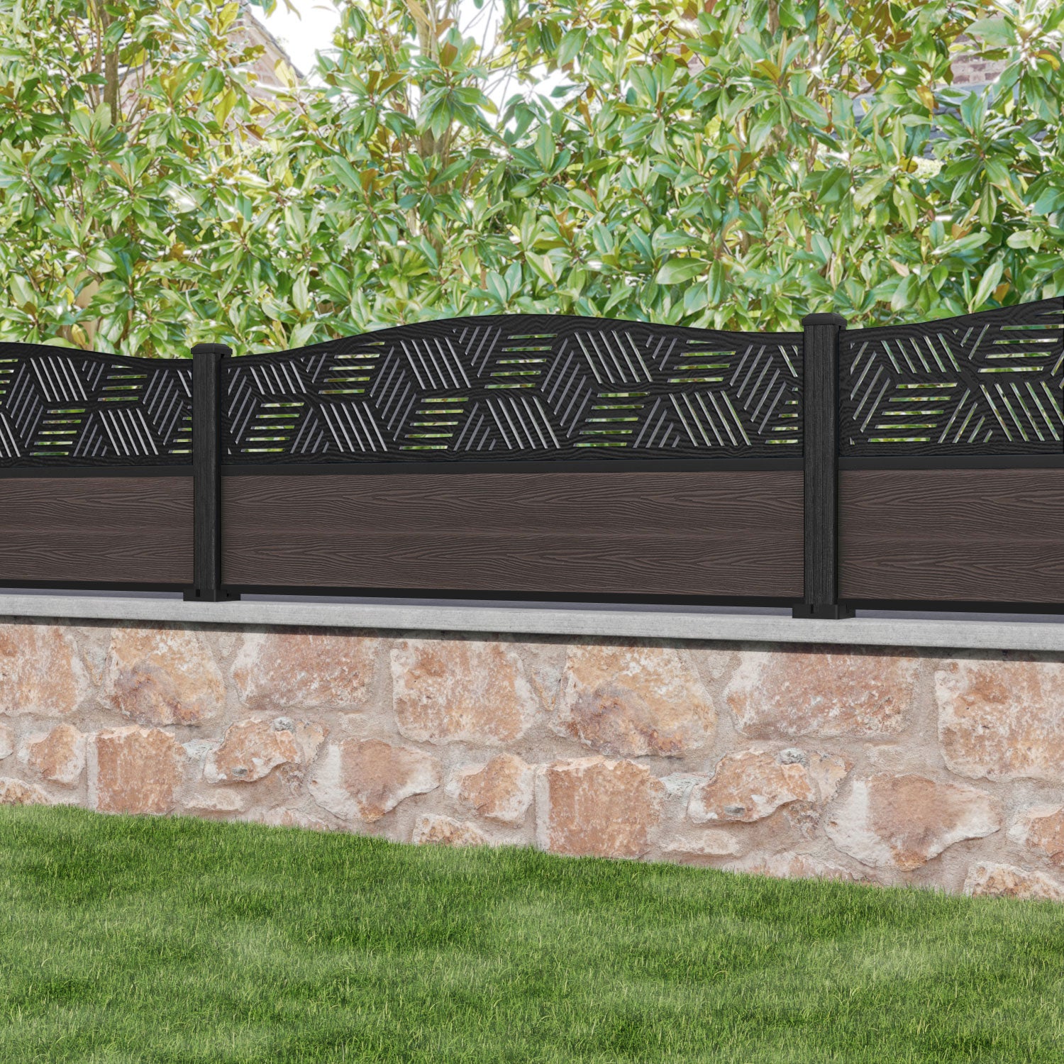 Classic Cubed Curved Top Fence Panel - Mid Brown - with our composite posts