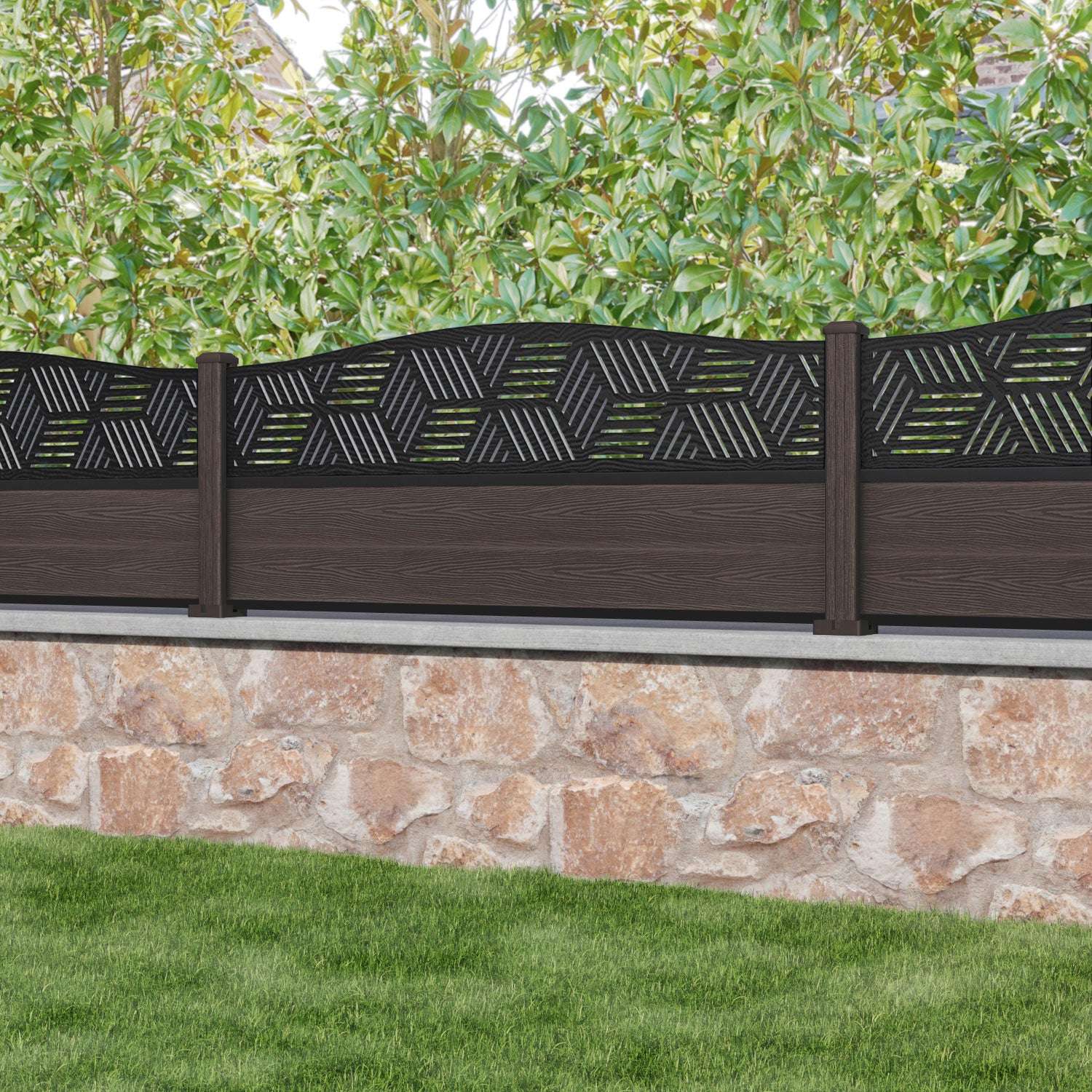 Classic Cubed Curved Top Fence Panel - Mid Brown - with our composite posts