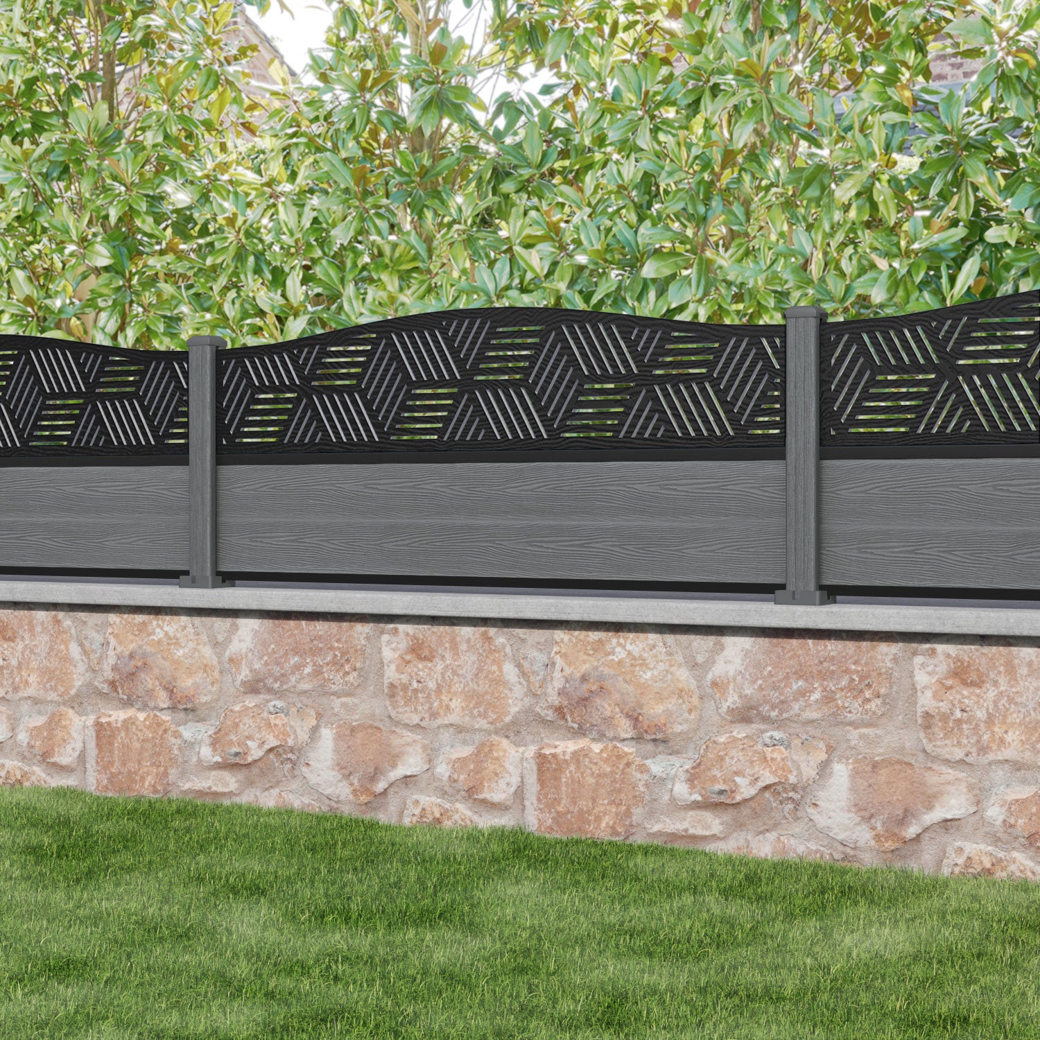 Classic Cubed Curved Top Fence Panel - Mid Grey - with our composite posts