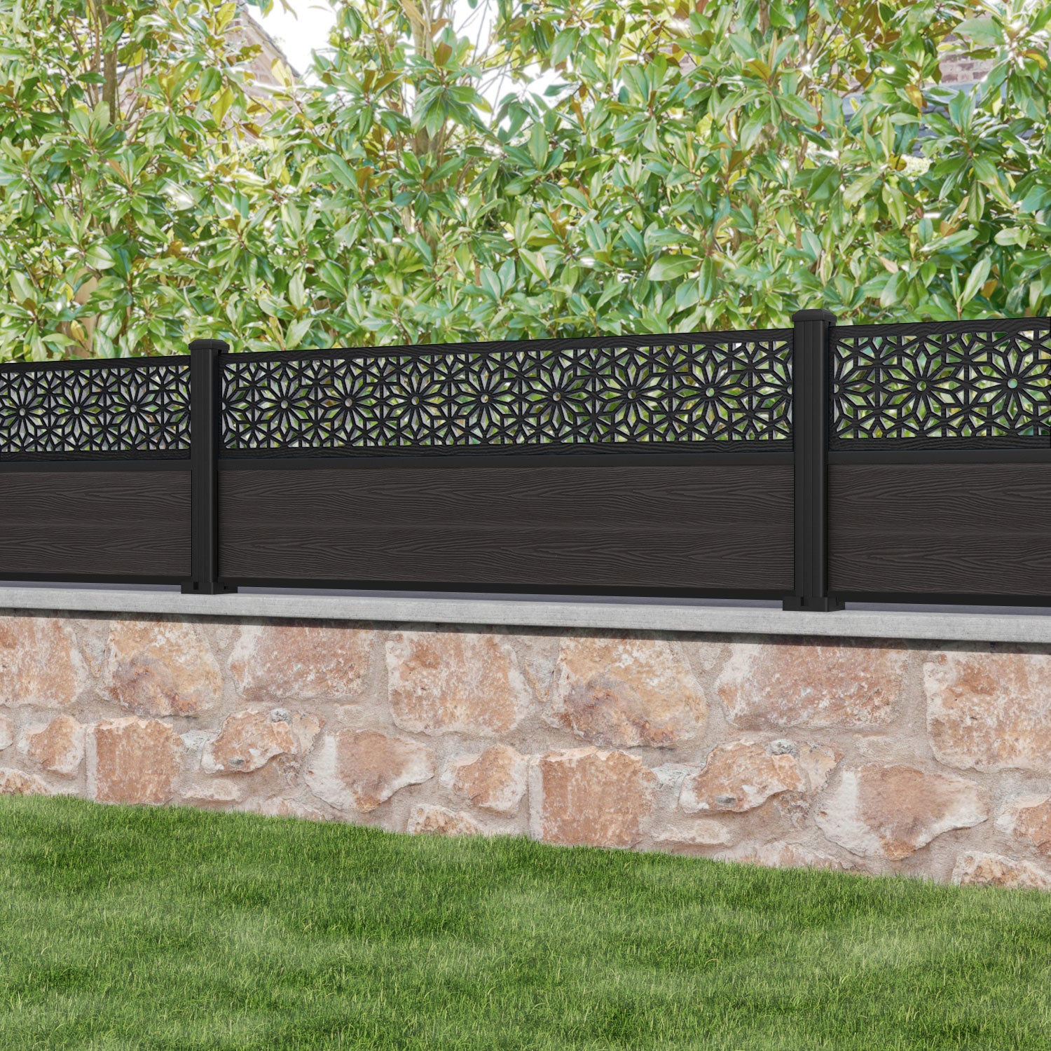 Classic Narwa Fence Panel - Dark Oak - with our aluminium posts