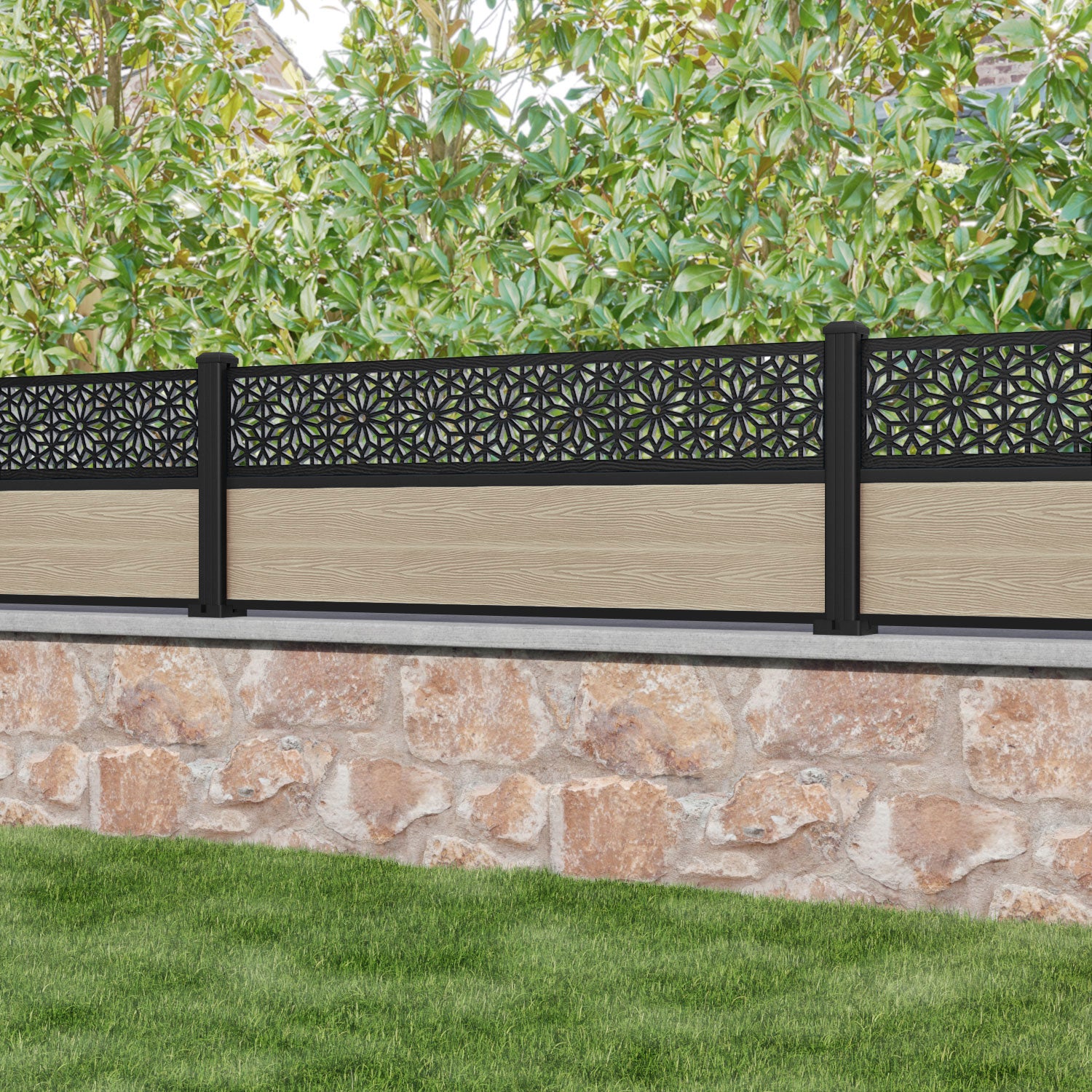 Classic Narwa Fence Panel - Light Oak - with our aluminium posts